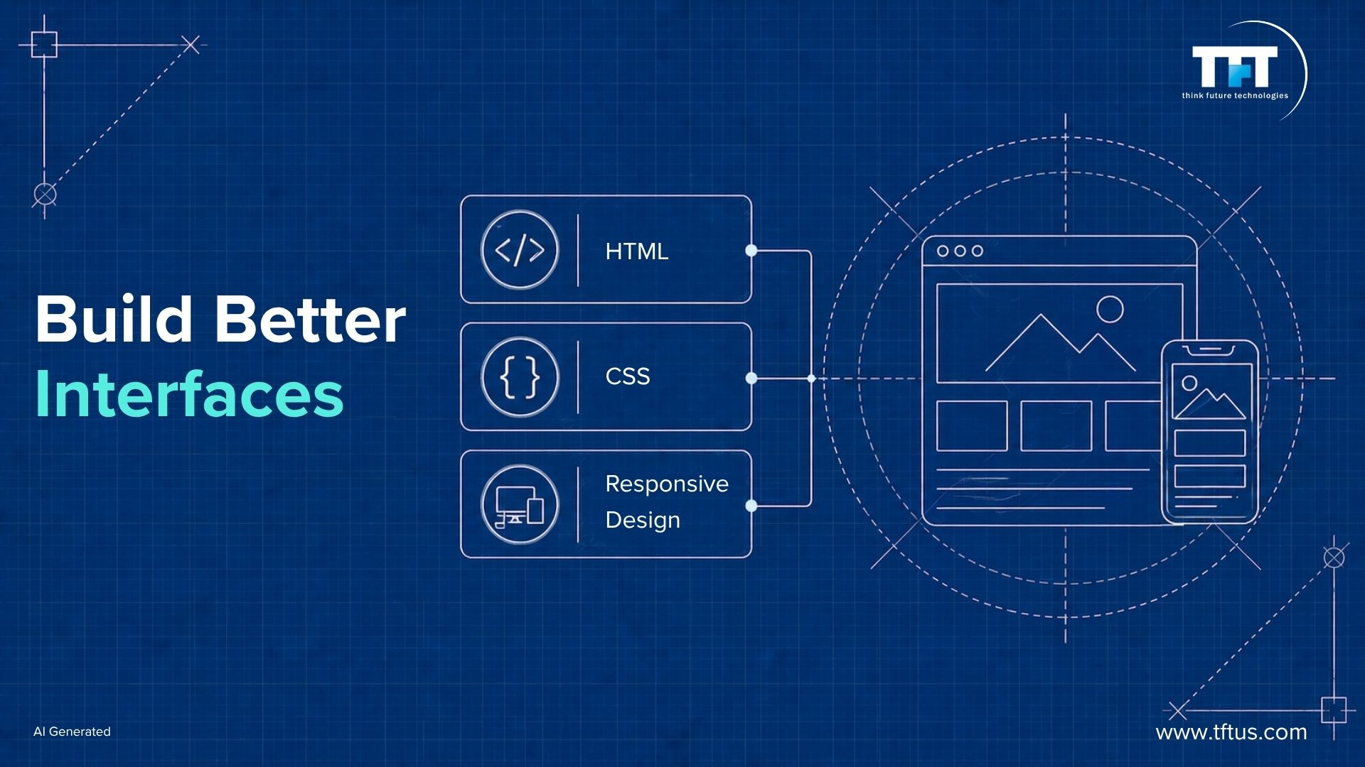 Blueprint illustration highlighting front-end development skills, including HTML, CSS, and responsive design for creating modern React user interfaces.

