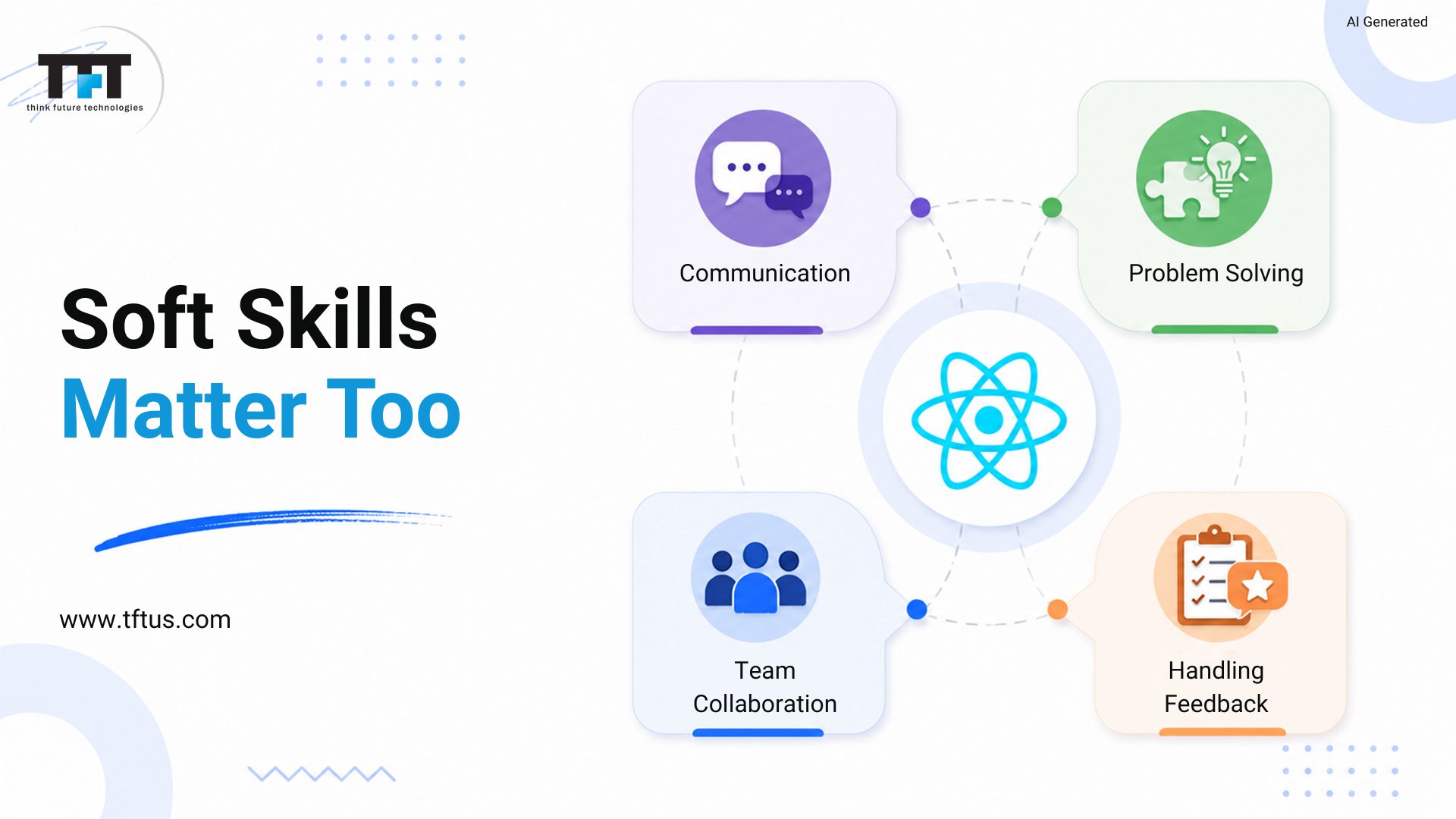 TFT Think Future Technologies graphic emphasizing the importance of soft skills for React developers, including communication, problem solving, team collaboration, and handling feedback
