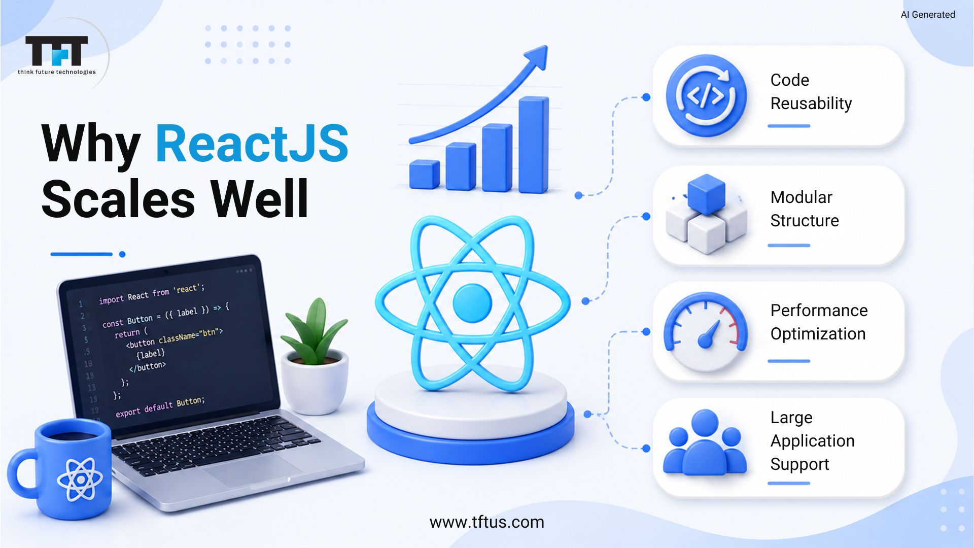 TFT Think Future Technologies illustration showing why ReactJS scales well through code reusability, modular structure, performance optimization, and support for large applications