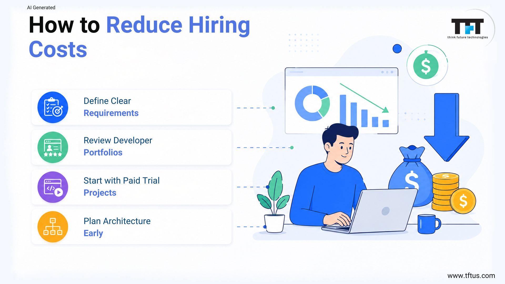 Tips for reducing ReactJS hiring costs by defining clear requirements, reviewing developer portfolios, starting with paid trial projects, and planning architecture early
