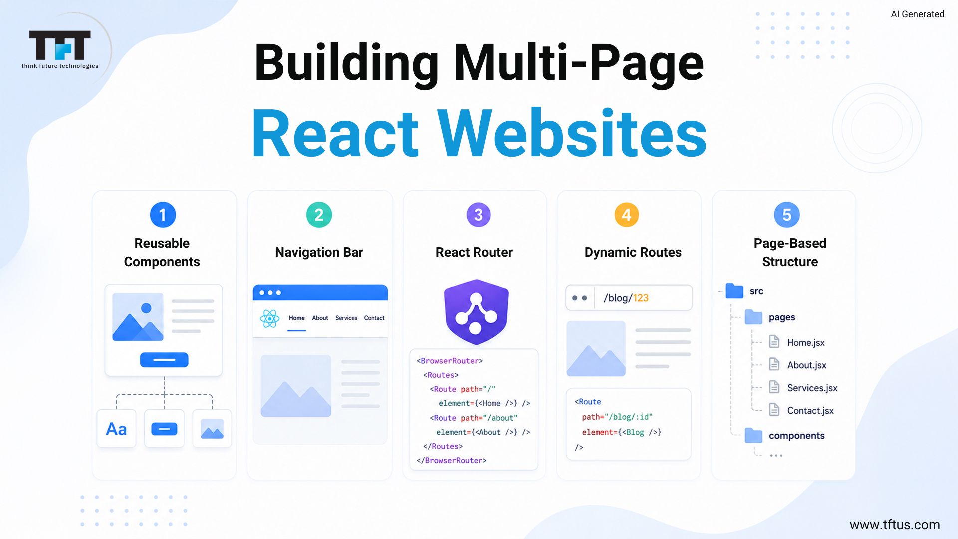 How to Build a Website Using ReactJS: Step-by-Step Beginner Guide 5 Step-by-step guide to building multi-page React websites using reusable components, React Router, dynamic routes, and page-based project structure