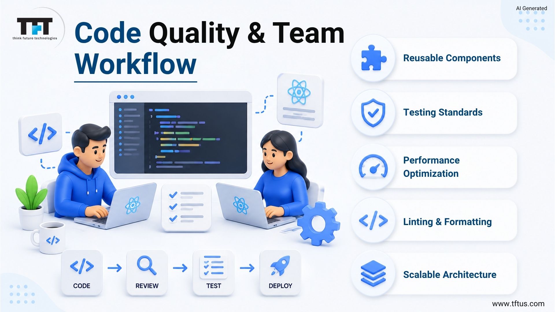 ReactJS code quality workflow showcasing reusable components, testing standards, performance optimization, linting, formatting, code reviews, and scalable architecture