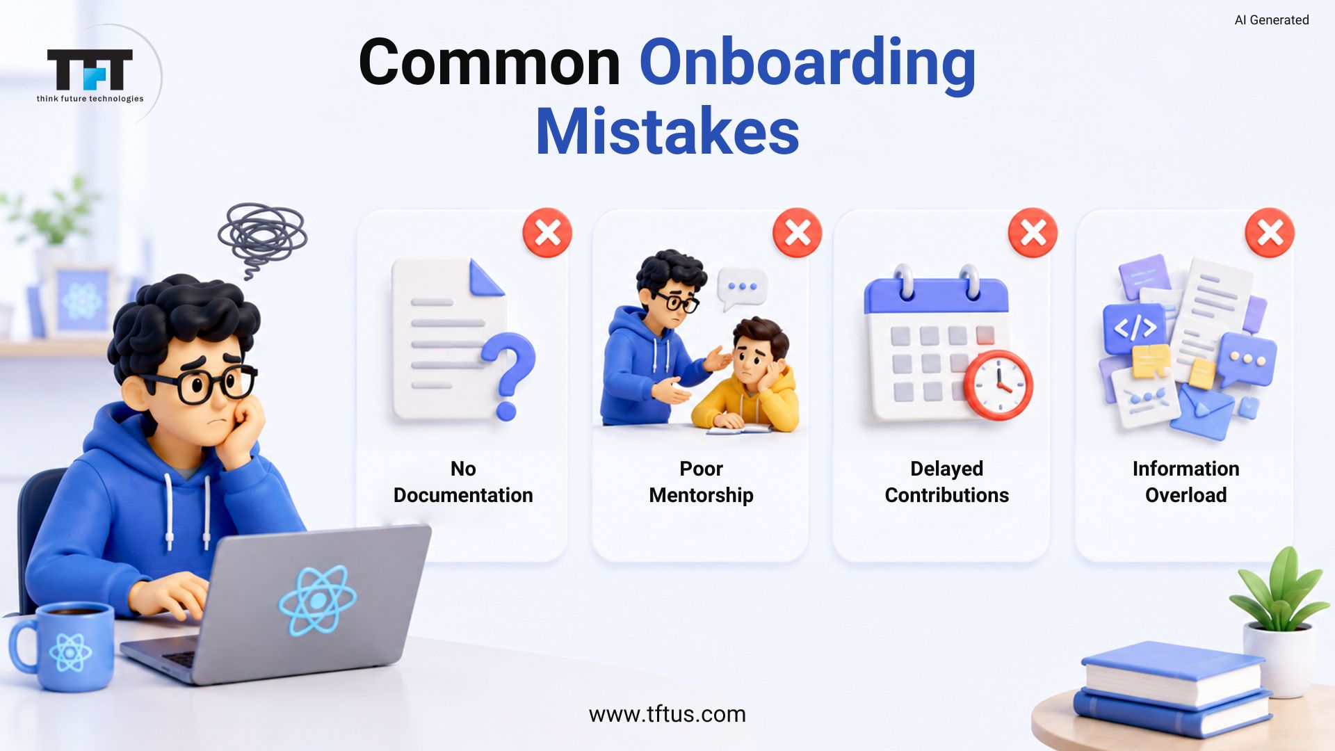 An infographic titled Common Onboarding Mistakes by think future technologies. A stressed 3D cartoon developer sits at a desk next to four cards marked with red cross icons highlighting mistakes: No Documentation, Poor Mentorship, Delayed Contributions, and Information Overload.