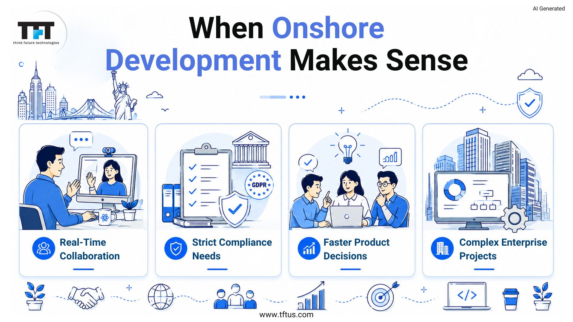 Scenarios where onshore ReactJS development is the better choice, including real-time collaboration, compliance requirements, faster decision-making, and enterprise projects