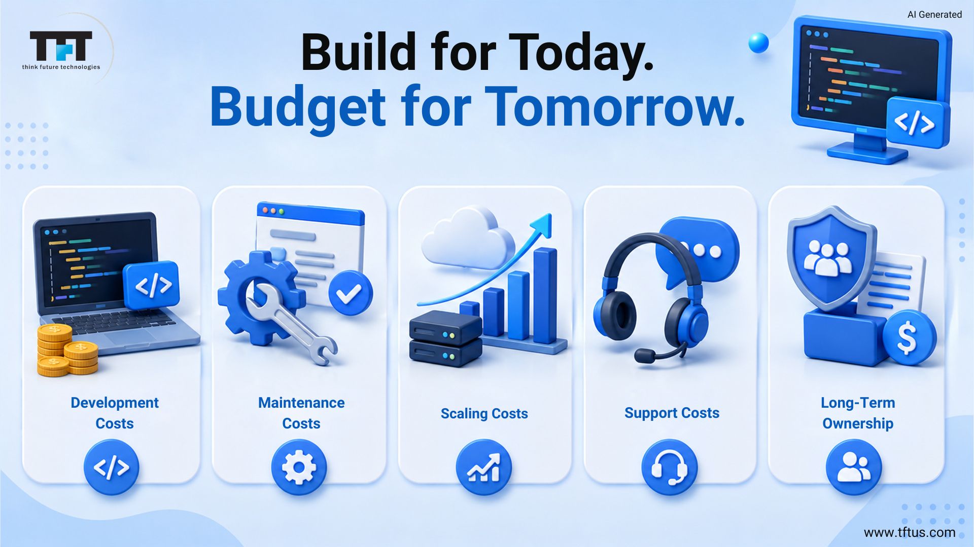 ReactJS development budget planning covering development costs, maintenance, scaling, support services, and long-term software ownership expenses