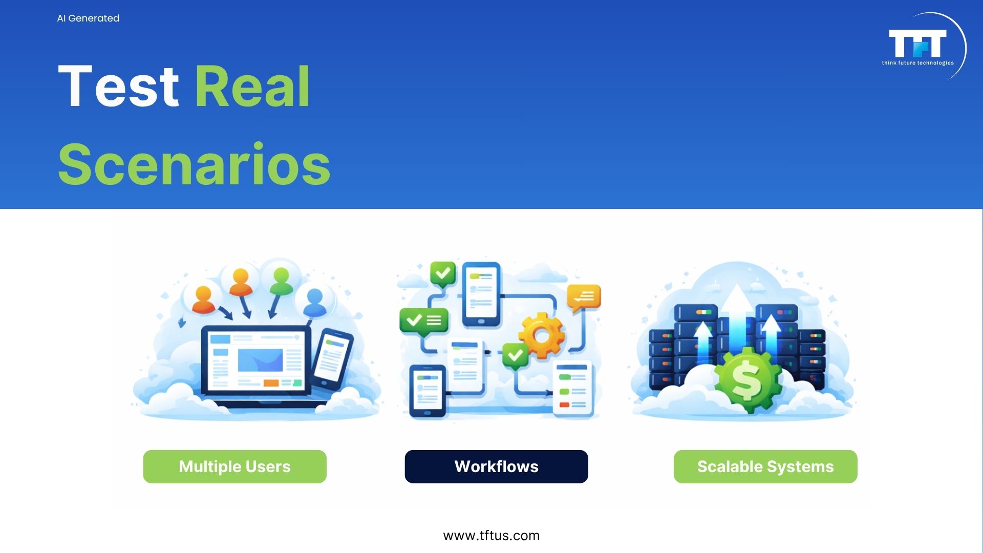 Performance Testing Of SaaS-Based Application 6 Illustration showing real-world SaaS performance testing scenarios, including multiple concurrent users, complex workflows, and scalable cloud systems.