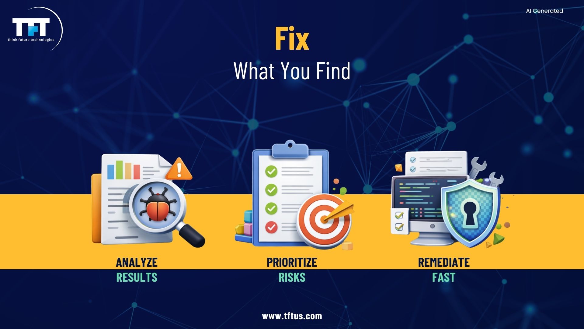 Illustration demonstrating the post-assessment process of penetration testing by analyzing findings, prioritizing security risks, and implementing remediation strategies to strengthen defenses.
