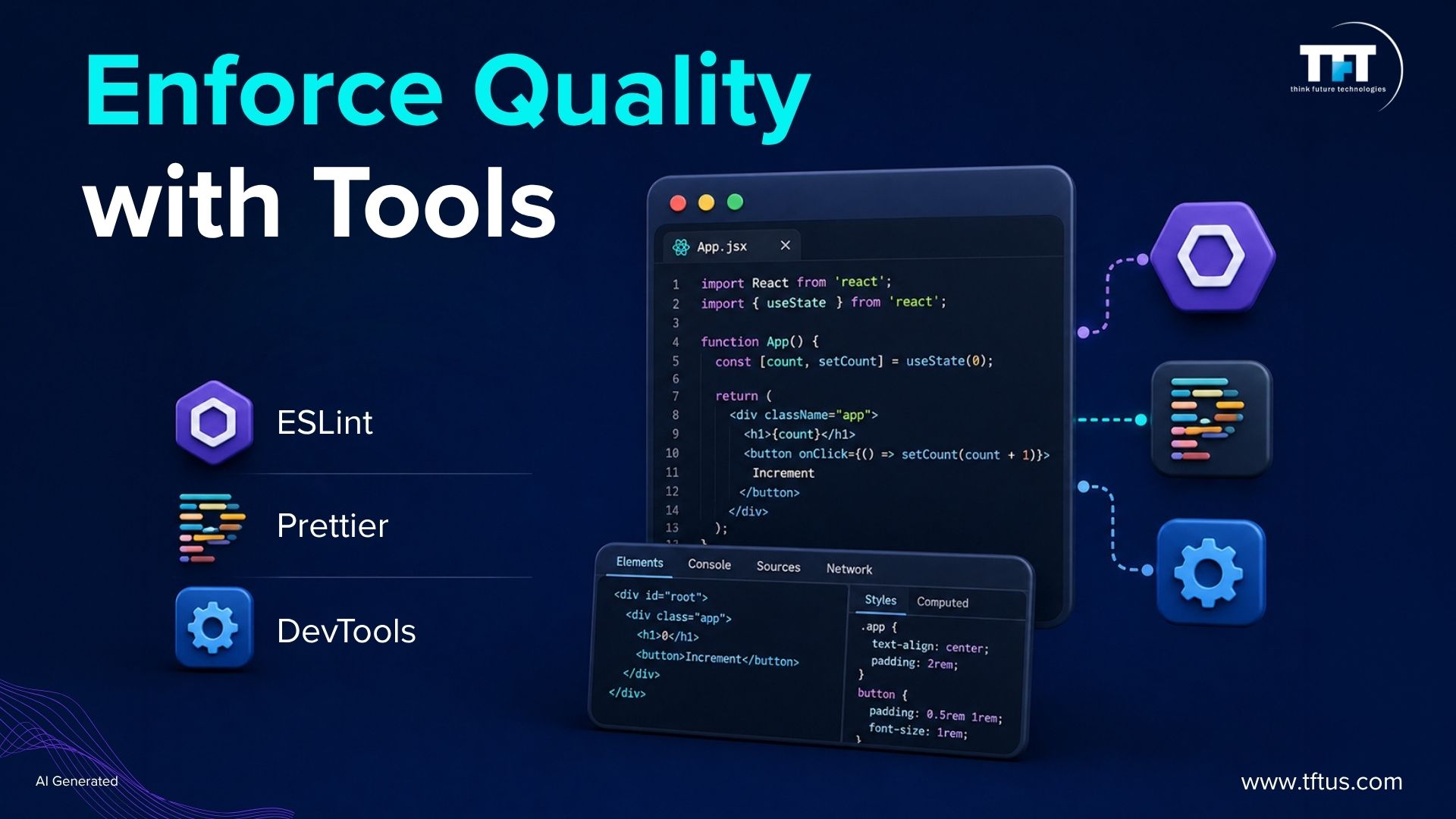 Illustration showcasing essential React development tools, including ESLint, Prettier, and browser DevTools, for improving code quality, consistency, and debugging.
