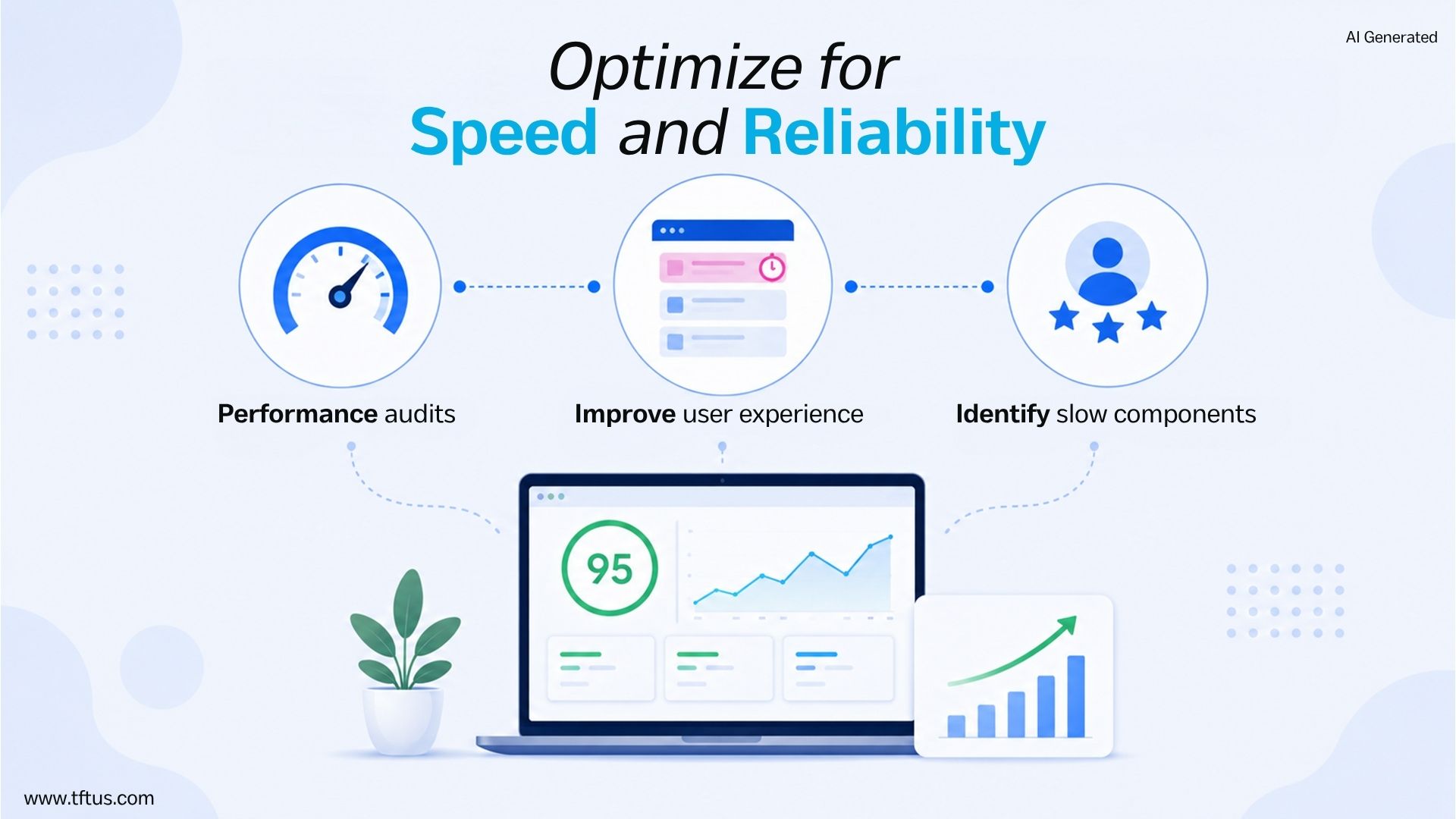 Infographic showing React performance optimization techniques, including performance audits, improving user experience, and identifying slow components for faster applications.
