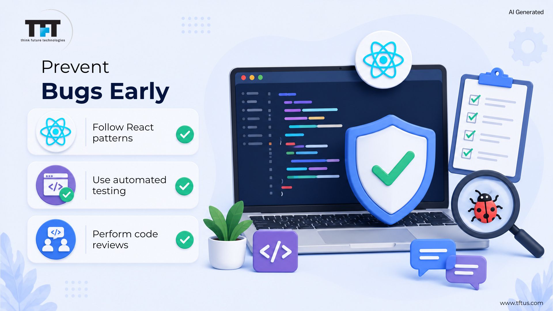 Illustration highlighting ReactJS best practices to prevent bugs early through React coding patterns, automated testing, and code reviews for building stable, maintainable applications.