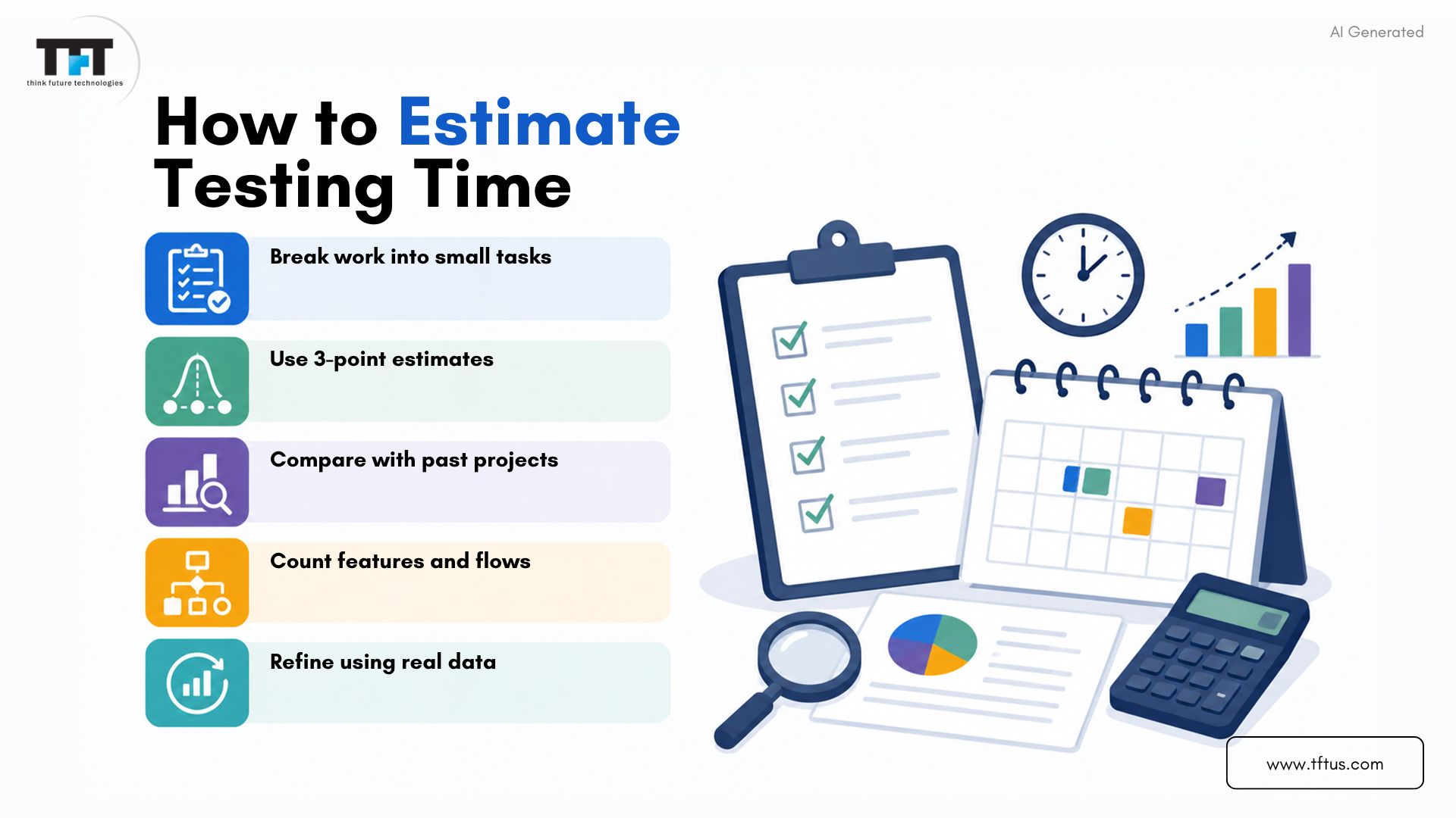 How Long Does Software Testing Take? Factors, Stages & Time Estimates 6 Infographic explaining how to estimate software testing time by dividing work into smaller tasks, using estimation techniques, comparing past projects, and refining estimates with real project data.