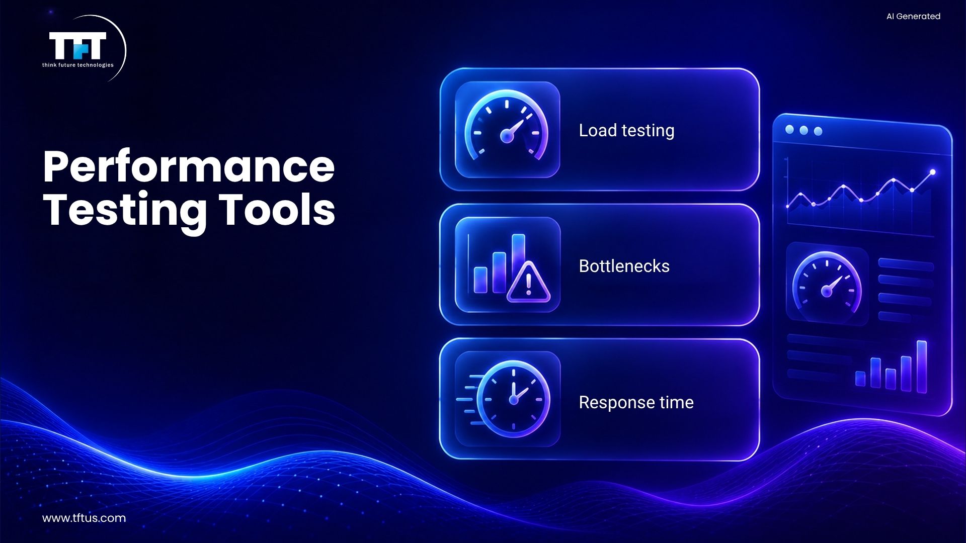 How Many Software Testing Tools Are Available? Complete List & Overview 7 Illustration showing performance testing tools used for load testing, bottleneck analysis, response time monitoring, and application performance optimization.