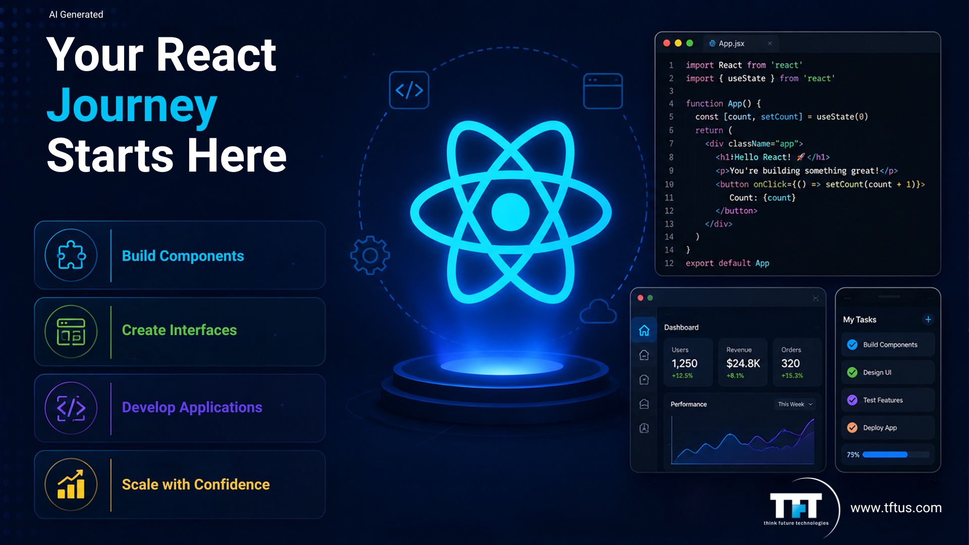 A roadmap dashboard graphic titled "Your React Journey Starts Here" highlighting key milestones such as building components, creating user interfaces, and scaling web application code safely.
