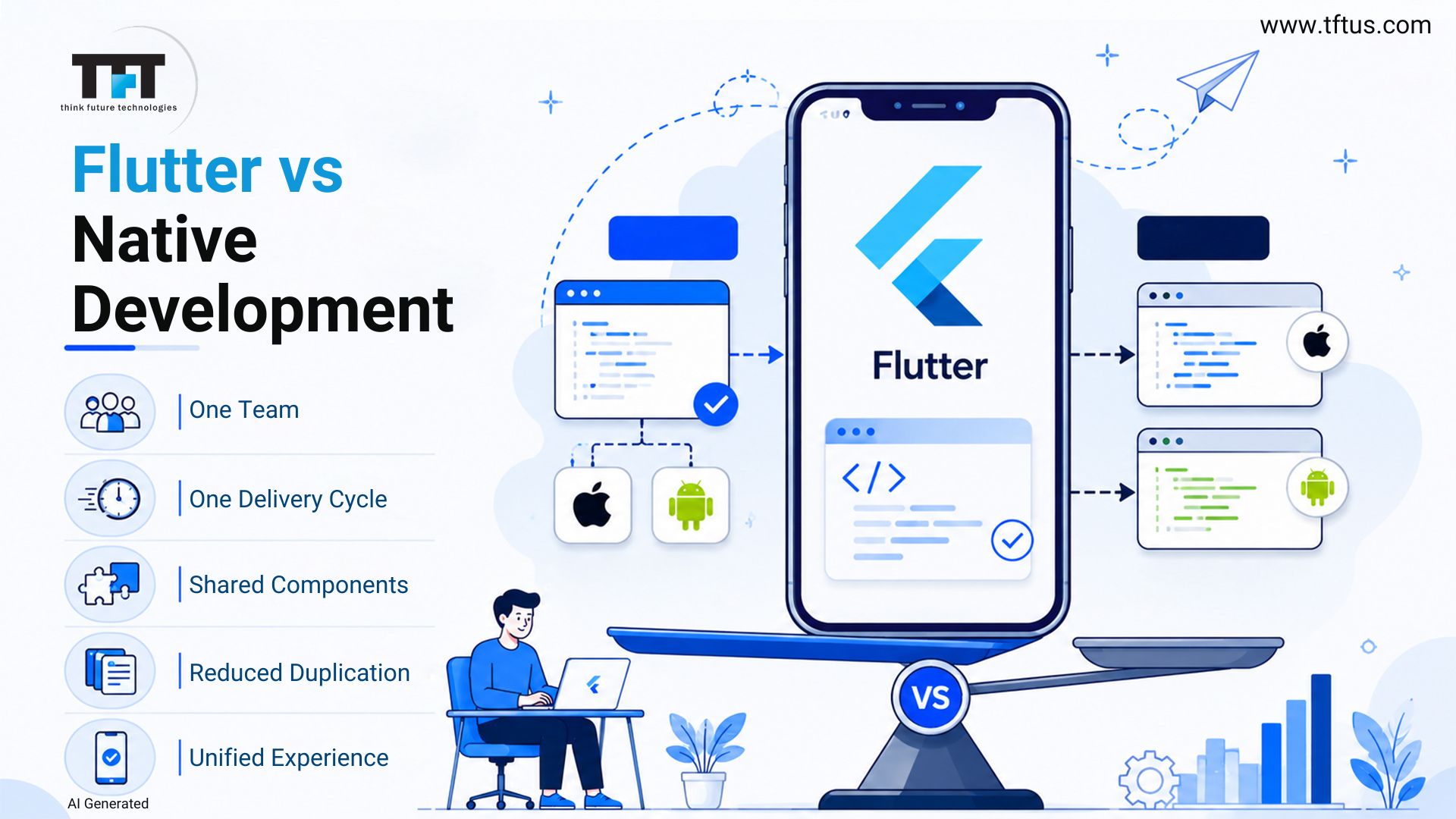 Best Flutter Development Companies: Top Agencies for High-Performance Mobile Apps 10 Comparison graphic between Flutter and native app development, showing Flutter's single codebase delivering applications for Android and iOS while highlighting benefits such as one team, one delivery cycle, shared components, reduced duplication, and a unified user experience.