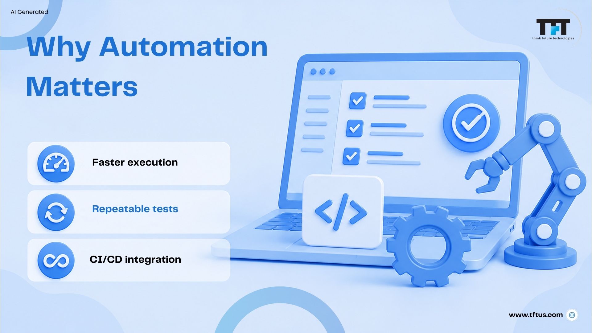 What Is Regression Testing in Software? Definition, Types & Examples 6 Infographic highlighting the benefits of automation in regression testing, including faster execution, repeatable tests, and seamless CI/CD integration.