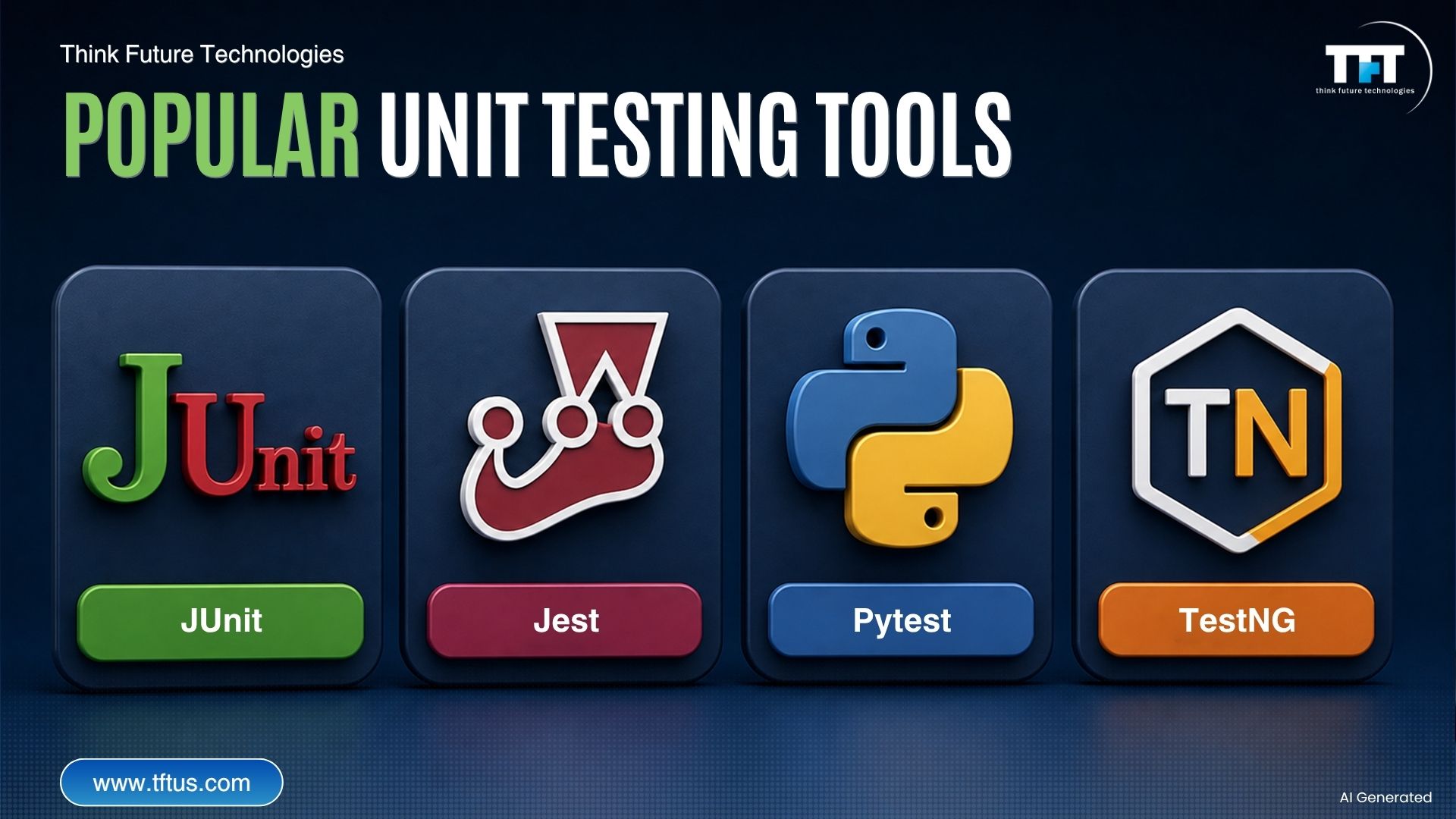 Illustration showcasing popular unit testing frameworks, including JUnit, Jest, Pytest, and TestNG, used across different programming languages.
