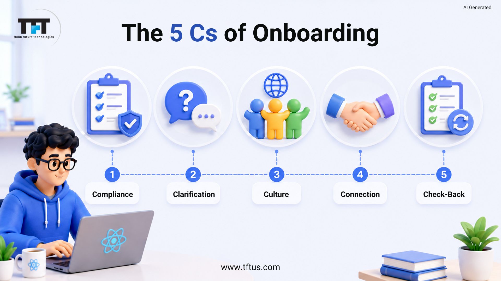 An infographic titled The 5 Cs of Onboarding by think future technologies. A 3D cartoon developer sits by a numbered sequence showing five key pillars: 1. Compliance, 2. Clarification, 3. Culture, 4. Connection, and 5. Check-Back.