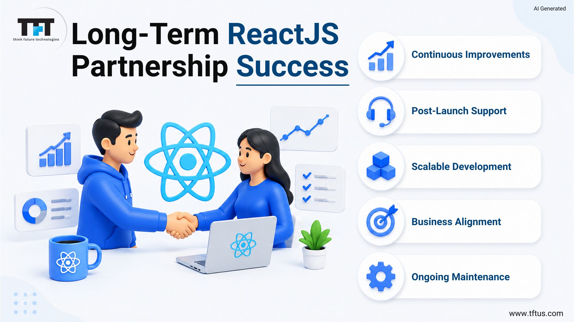 Long-term ReactJS partnership emphasizing continuous improvements, post-launch support, scalable development, business alignment, and ongoing application maintenance