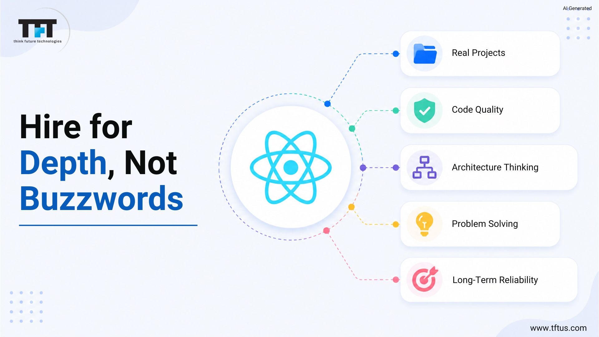 React developer hiring criteria focused on real project experience, code quality, architecture thinking, problem-solving ability, and long-term reliability