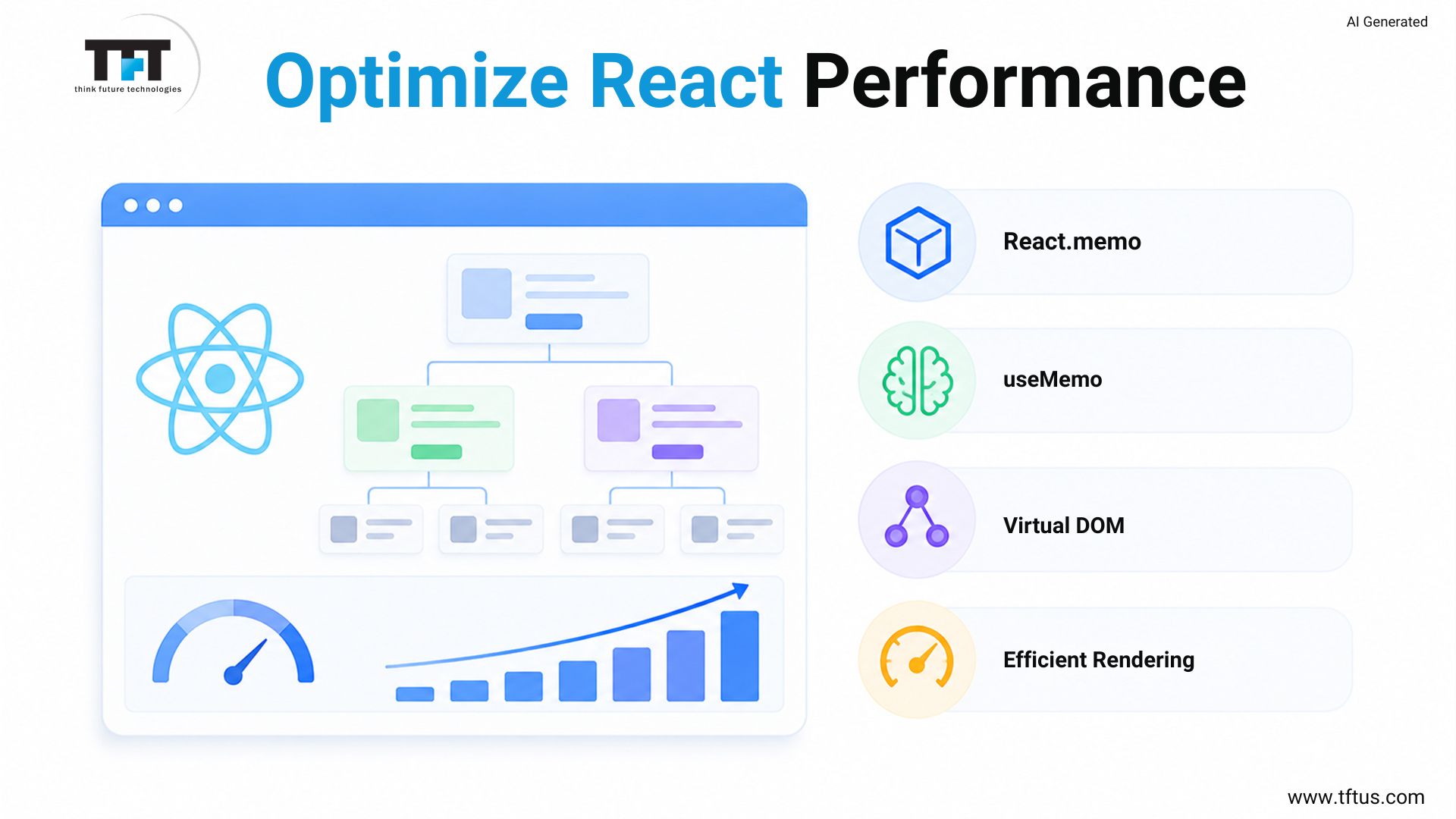 Diagram of React performance optimization techniques: React.memo, useMemo, Virtual DOM, and efficient rendering
