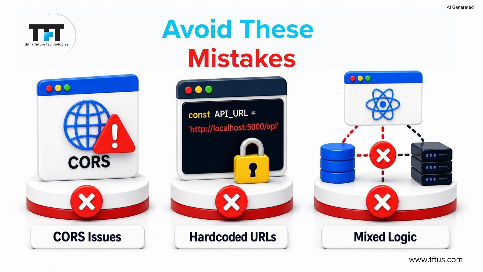 Common ReactJS integration mistakes including CORS issues, hardcoded API URLs, and mixing frontend UI logic with backend business logic
