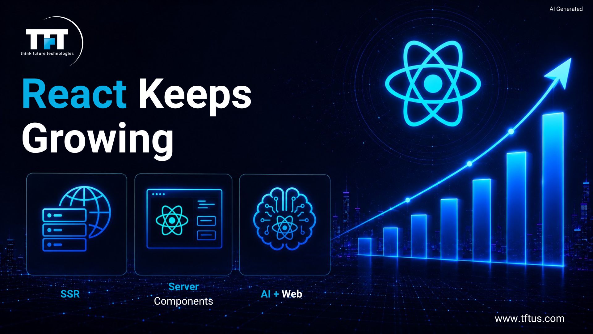 The future of ReactJS featuring server-side rendering, React Server Components, AI-powered web development, and the continued evolution of the React ecosystem