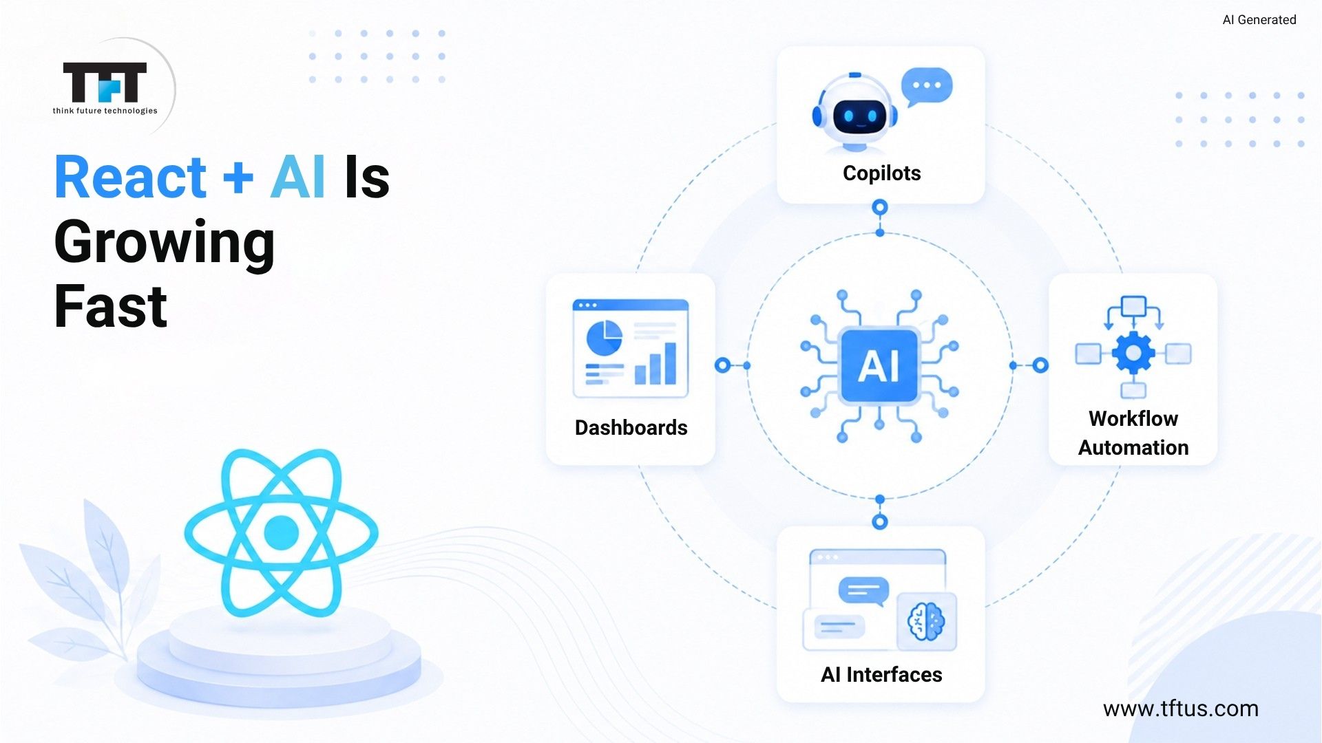 Top ReactJS Development Companies: Best Agencies for Modern Web Development 5 Illustration showing React integrated with artificial intelligence technologies including AI copilots, intelligent dashboards, workflow automation, and conversational interfaces, highlighting the growing adoption of AI-powered frontend applications.