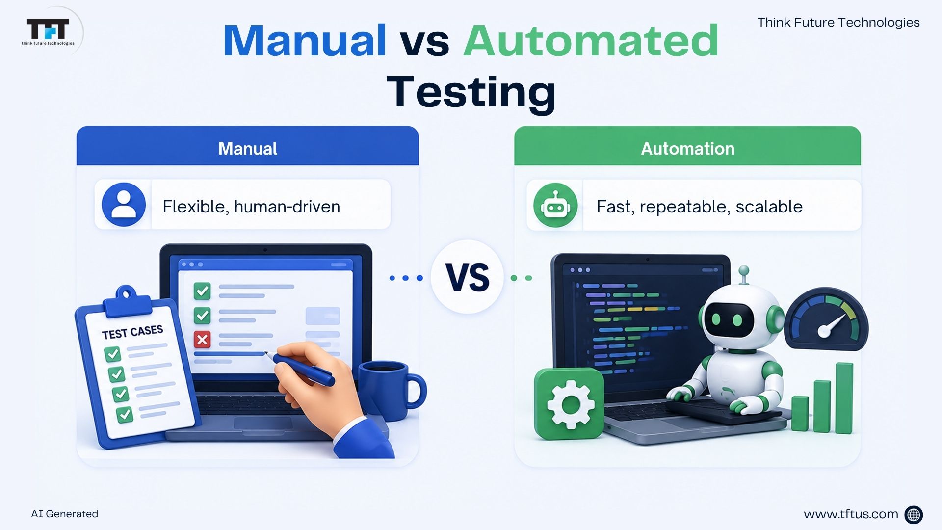 What Is Software Testing? Definition, Types & Importance Explained 7 Side-by-side comparison of Manual Testing and Automated Testing, highlighting their key characteristics, advantages, and differences.