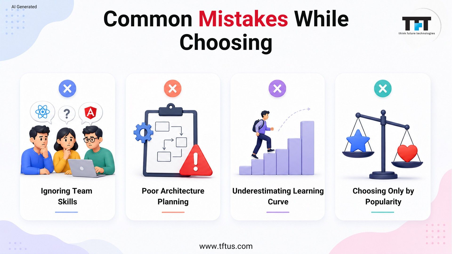 What Is the Difference Between AngularJS and ReactJS: Complete Comparison 7 An infographic titled Common Mistakes While Choosing by think future technologies. It displays four framework selection pitfalls marked with red cross icons: Ignoring Team Skills, Poor Architecture Planning, Underestimating Learning Curve, and Choosing Only by Popularity.
