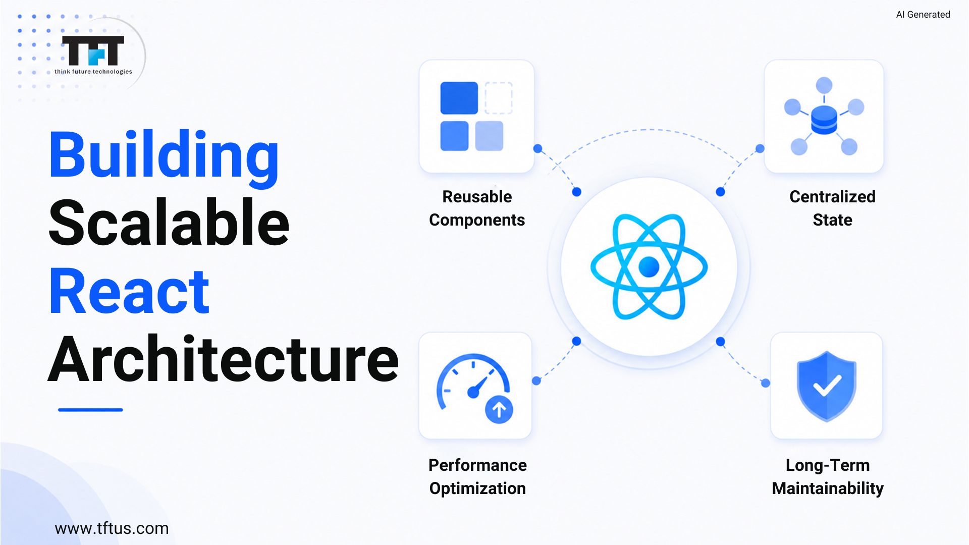 TFT Think Future Technologies illustration on building scalable React architecture highlighting reusable components, centralized state, performance optimization, and long-term maintainability around the React logo