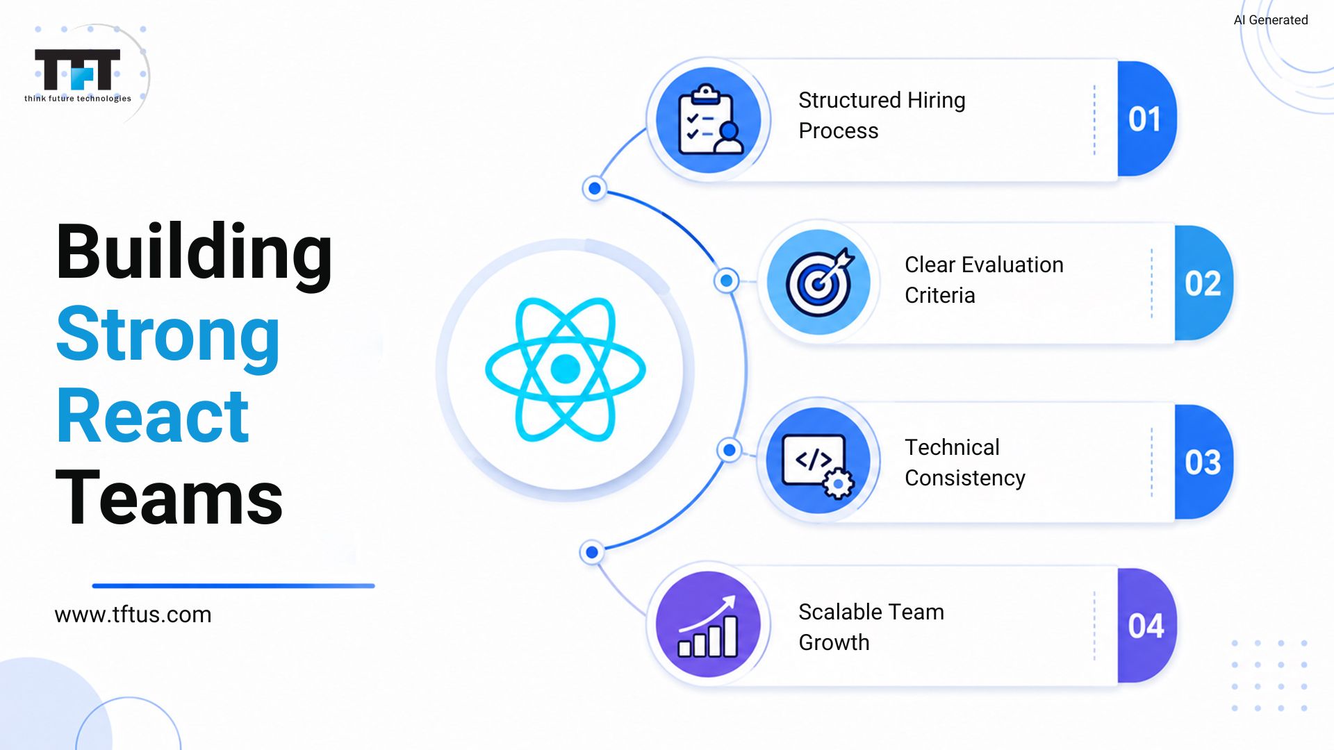 TFT Think Future Technologies illustration on building strong React teams through a structured hiring process, clear evaluation criteria, technical consistency, and scalable team growth