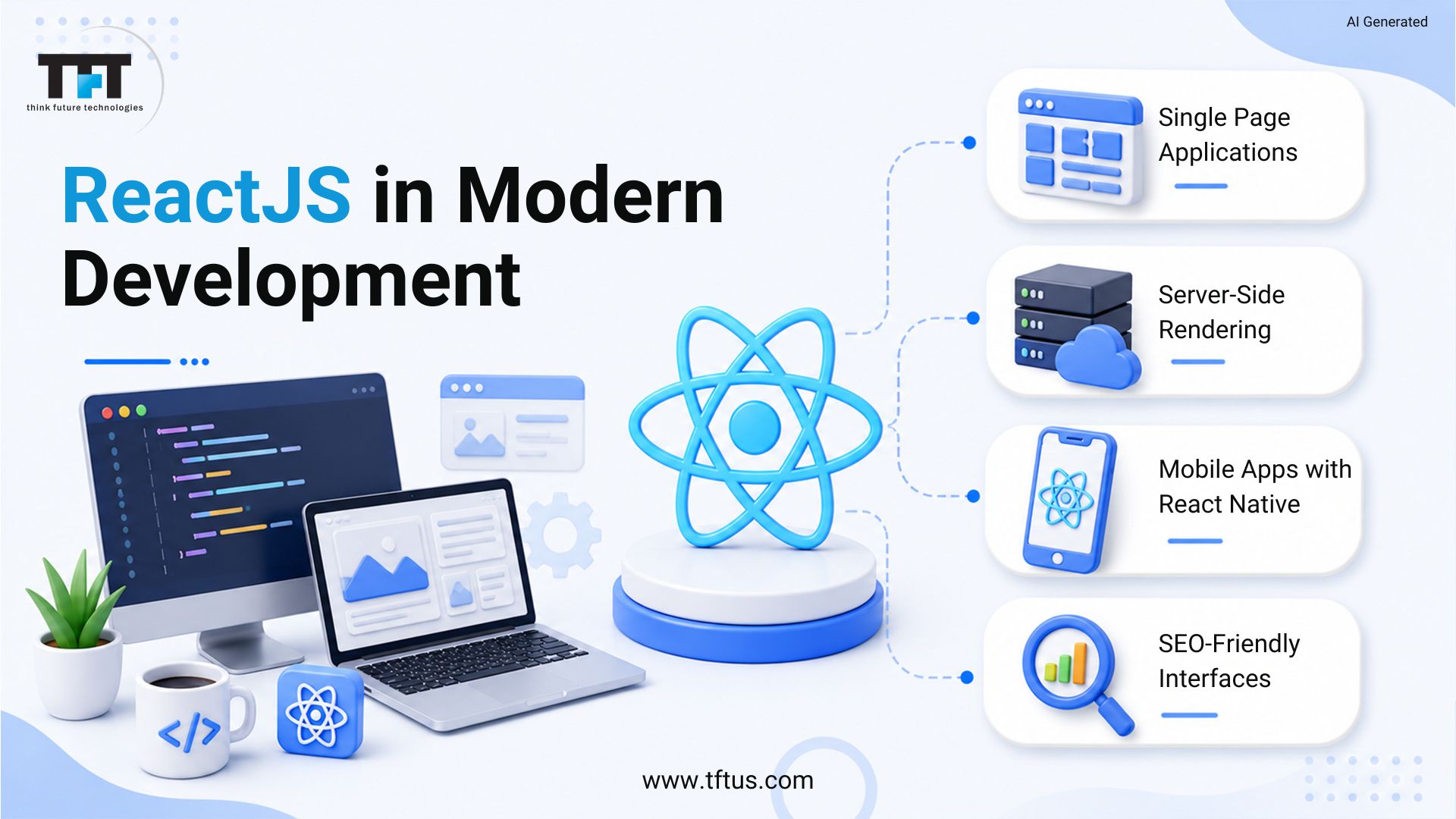 TFT Think Future Technologies graphic highlighting ReactJS in modern development with single-page applications, server-side rendering, React Native mobile apps, and SEO-friendly interfaces