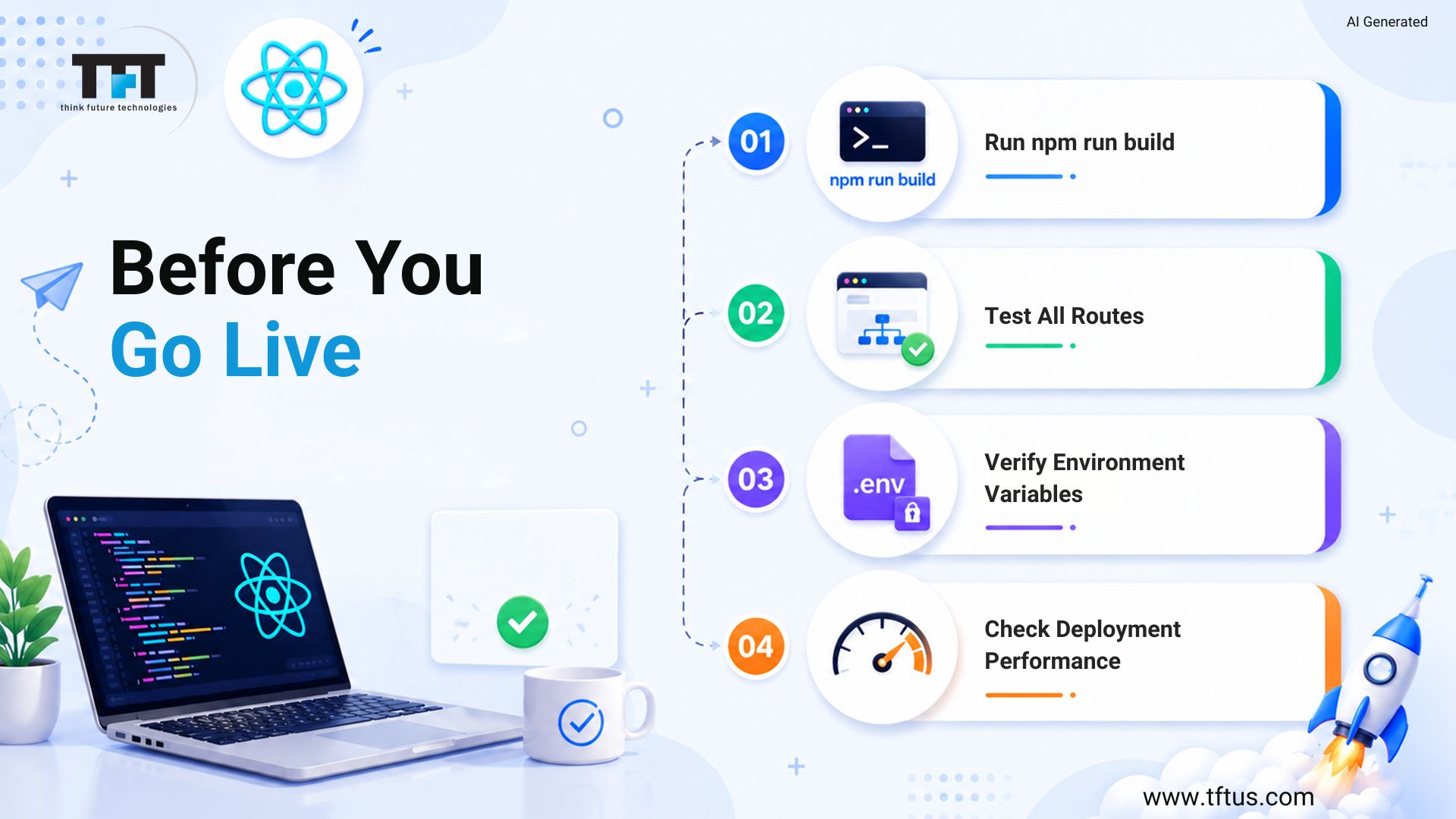 How to Deploy ReactJS App: Step-by-Step Guide for Beginners 7 Pre-deployment checklist for a React app covering building the project, testing routes, verifying environment variables, and checking deployment performance