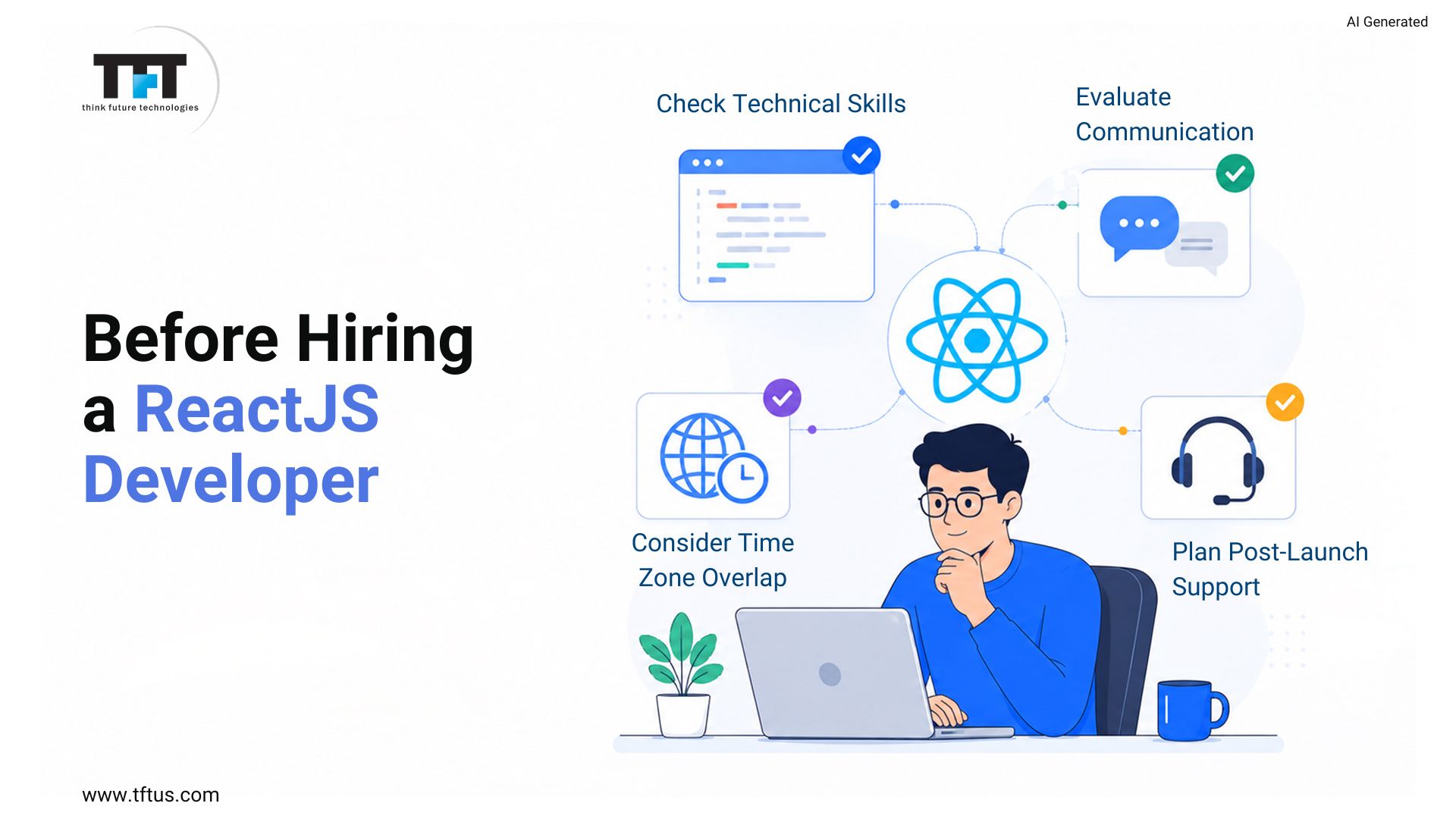 Checklist for hiring a ReactJS developer, highlighting technical skills assessment, communication evaluation, time zone overlap, and post-launch support planning