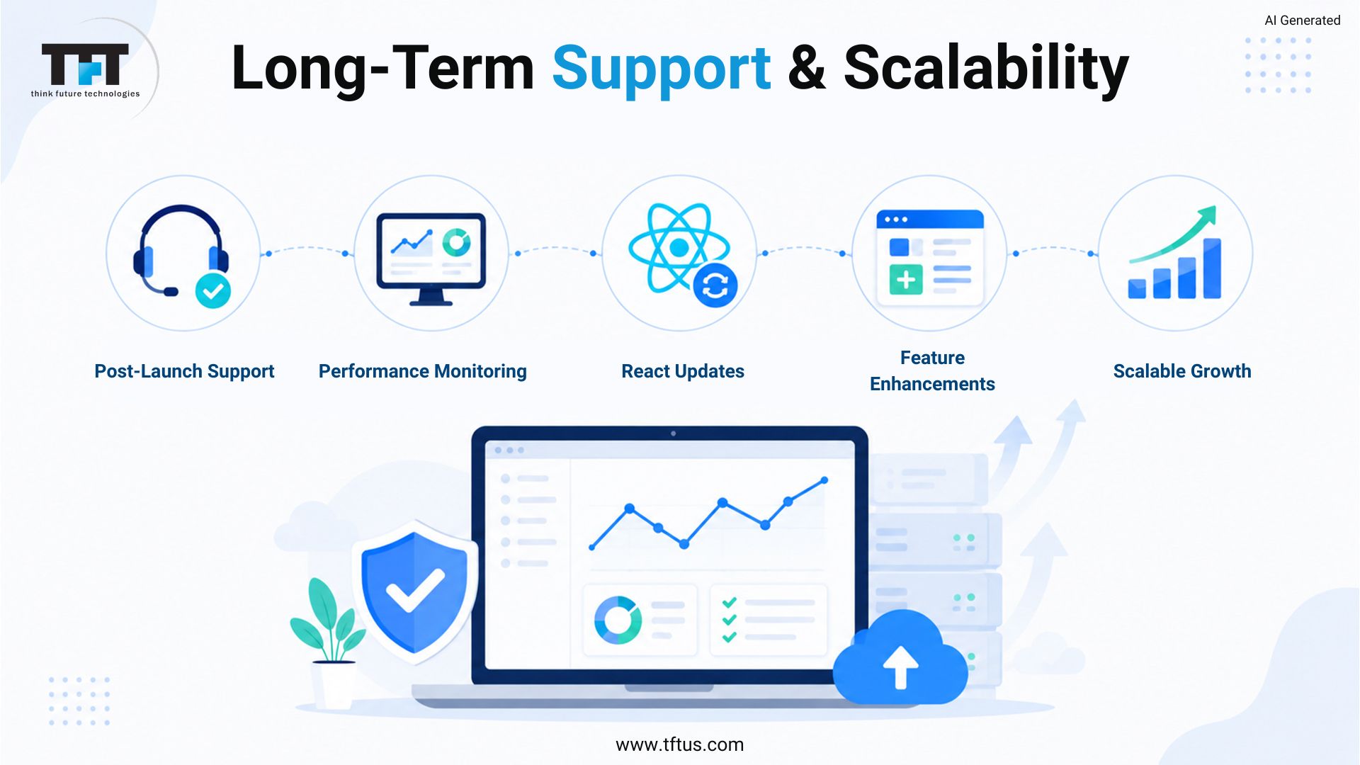 Long-term ReactJS maintenance strategy covering post-launch support, performance monitoring, framework updates, feature enhancements, and scalable business growth