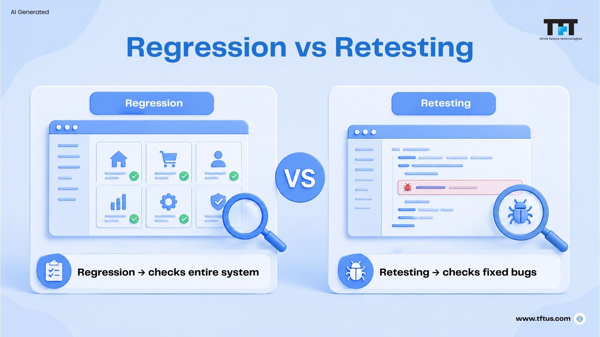 What Is Regression Testing in Software? Definition, Types & Examples 7 Comparison between Regression Testing and Retesting, explaining that regression testing validates the entire system after changes, while retesting verifies that specific defects have been fixed.