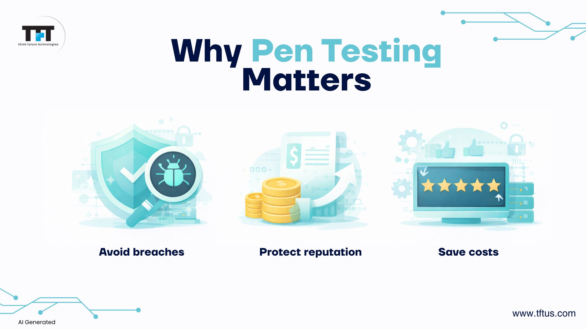 Real-World Examples of Penetration Testing Success Stories: How It Can Save Your Business 7 Illustration showing the business benefits of penetration testing, including preventing data breaches, protecting brand reputation, and reducing financial losses.