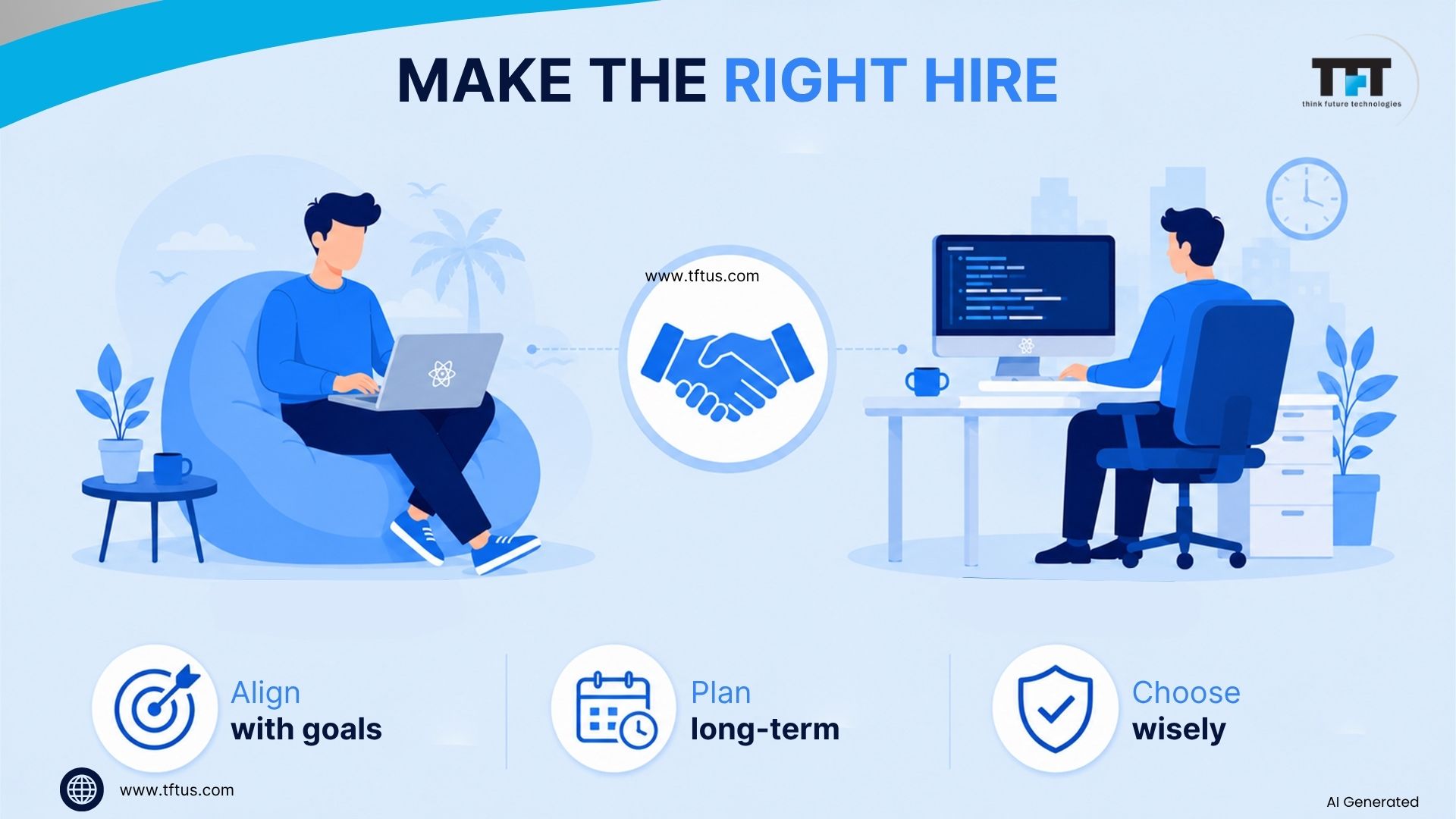 Illustration summarizing how to choose the right ReactJS hiring model by aligning hiring decisions with project goals, long-term planning, and business requirements.