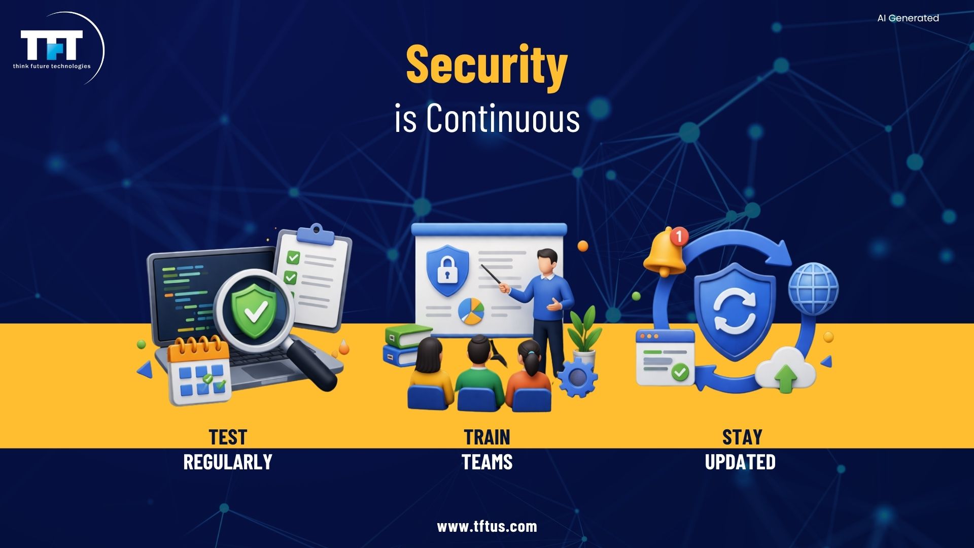 Illustration emphasizing continuous security practices through regular penetration testing, employee cybersecurity training, and staying updated against emerging threats and vulnerabilities.