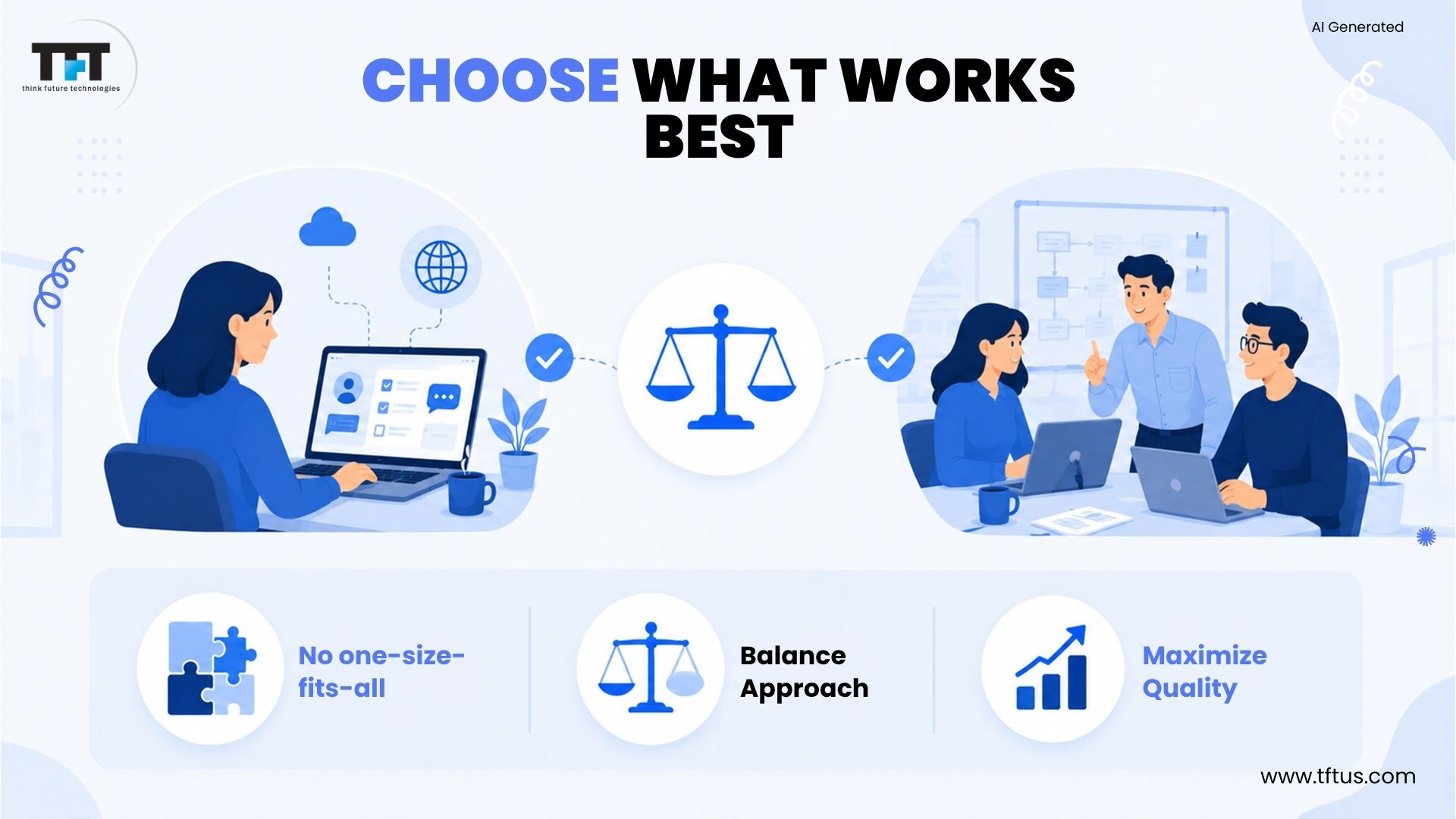 Illustration summarizing the decision-making process for choosing between remote and on-site testing, emphasizing a balanced approach that maximizes quality based on project needs.