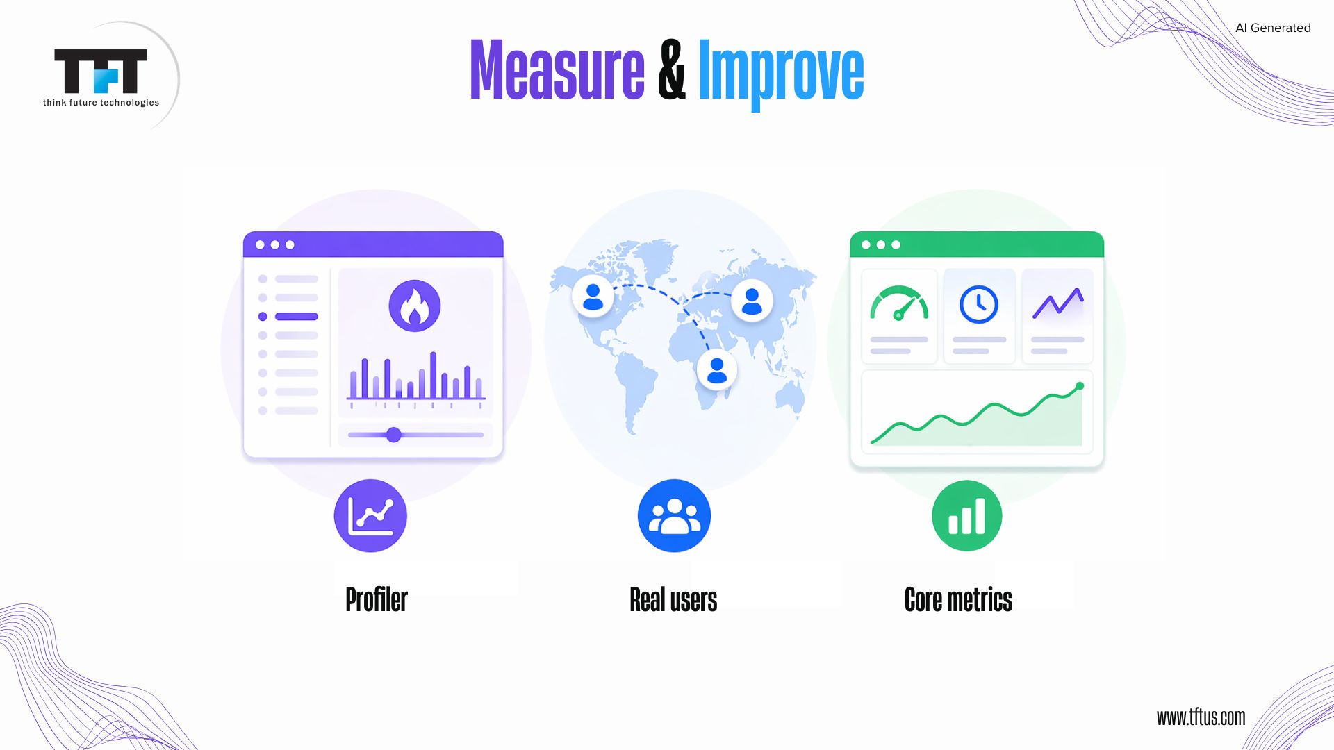 Illustration highlighting React performance monitoring with profiling tools, real user monitoring, and Core Web Vitals to identify and optimize performance bottlenecks.