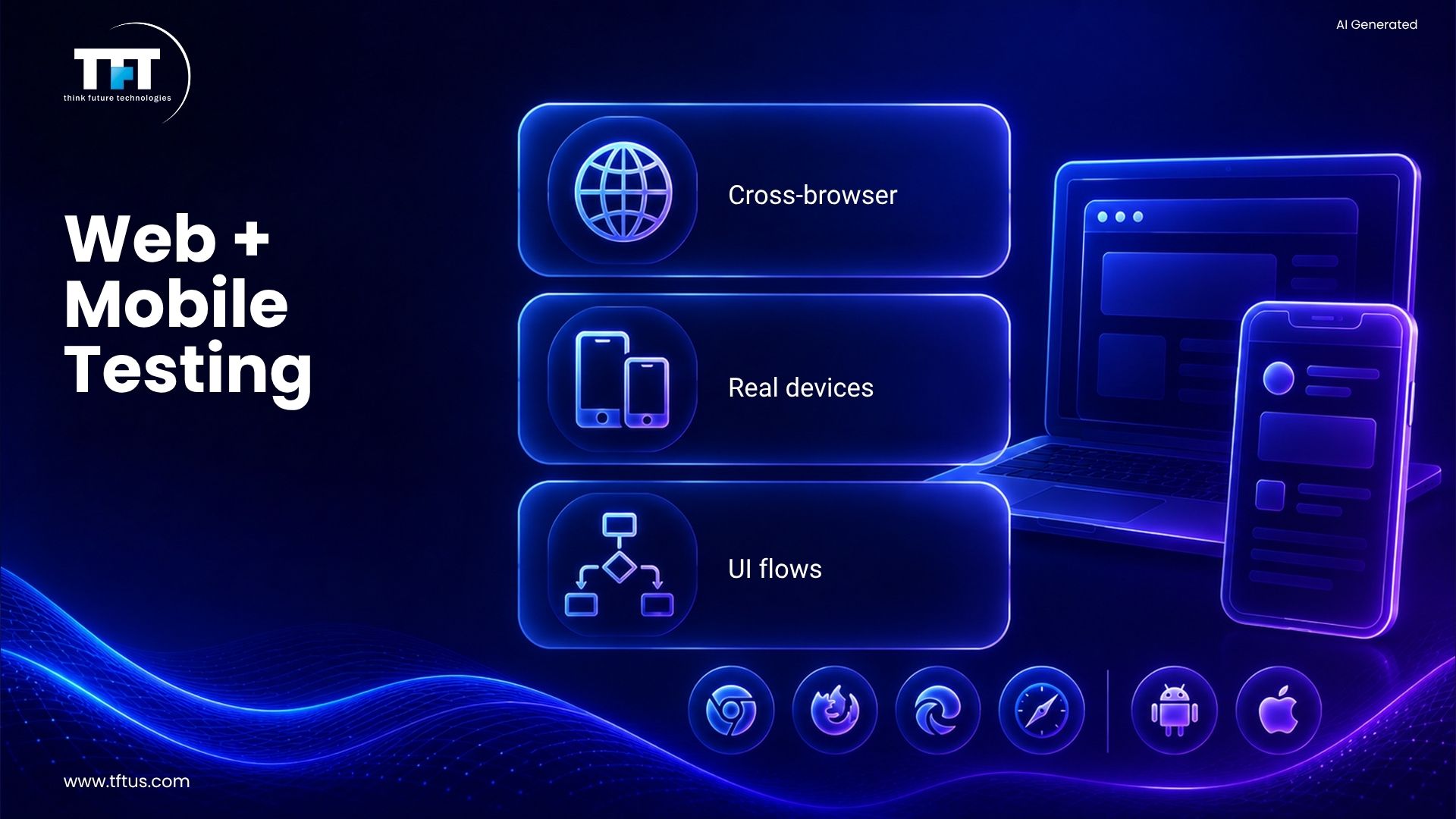 How Many Software Testing Tools Are Available? Complete List & Overview 8 Illustration showing web and mobile testing tools for cross-browser testing, real device testing, responsive UI validation, and user interface testing.