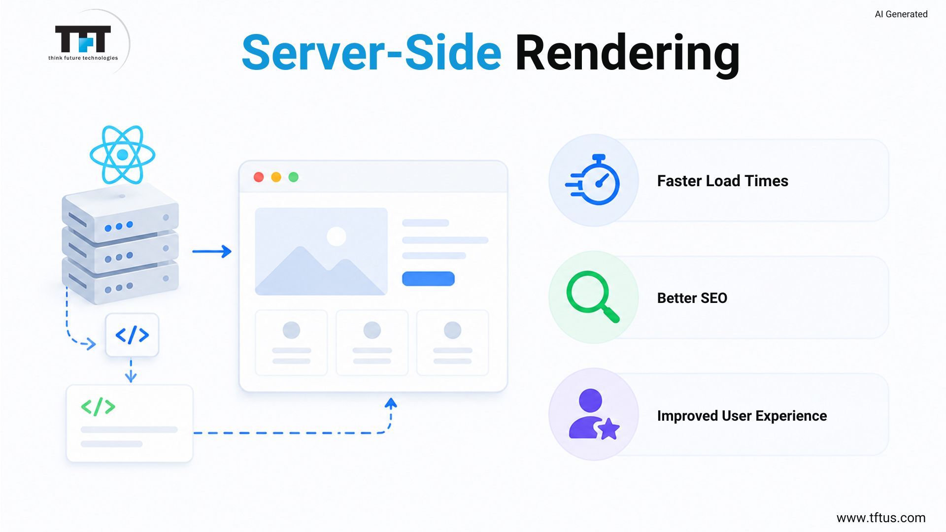 Diagram of server-side rendering showing servers rendering pages for faster load times, better SEO, and improved UX
