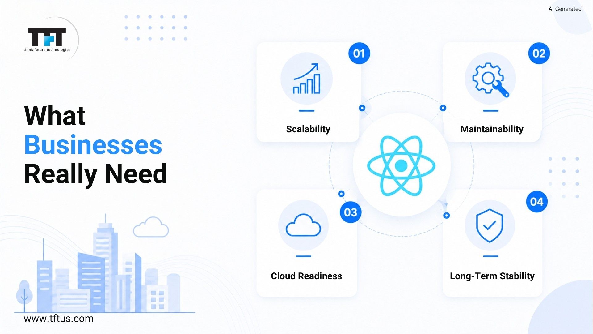 Top ReactJS Development Companies: Best Agencies for Modern Web Development 14 Business-focused illustration highlighting React's enterprise advantages, including scalability, maintainability, cloud readiness, and long-term stability for organizations building modern digital products.