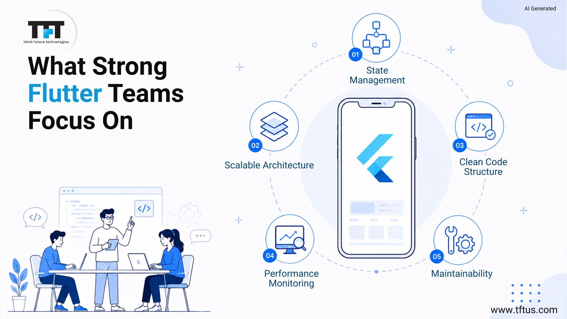 Best Flutter Development Companies: Top Agencies for High-Performance Mobile Apps 3 Illustration showing the core priorities of successful Flutter development teams, including state management, scalable architecture, clean code structure, performance monitoring, and maintainability, with a collaborative development team and a Flutter-powered mobile app.