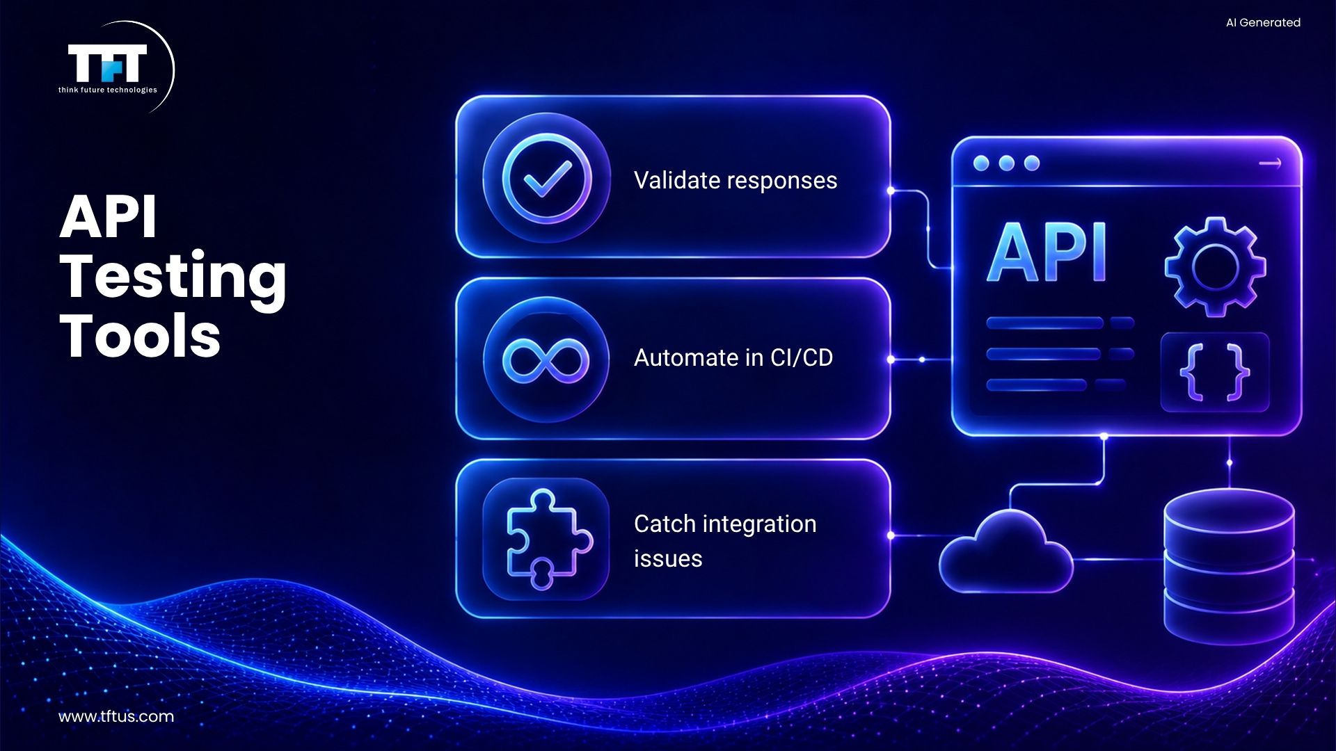 How Many Software Testing Tools Are Available? Complete List & Overview 9 Illustration showing API testing tools used to validate responses, automate testing in CI/CD pipelines, and detect integration issues.