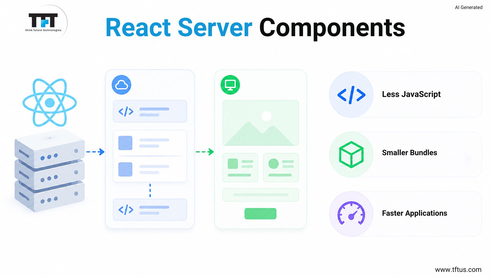 Diagram of React Server Components reducing JavaScript and bundle size for faster applications
