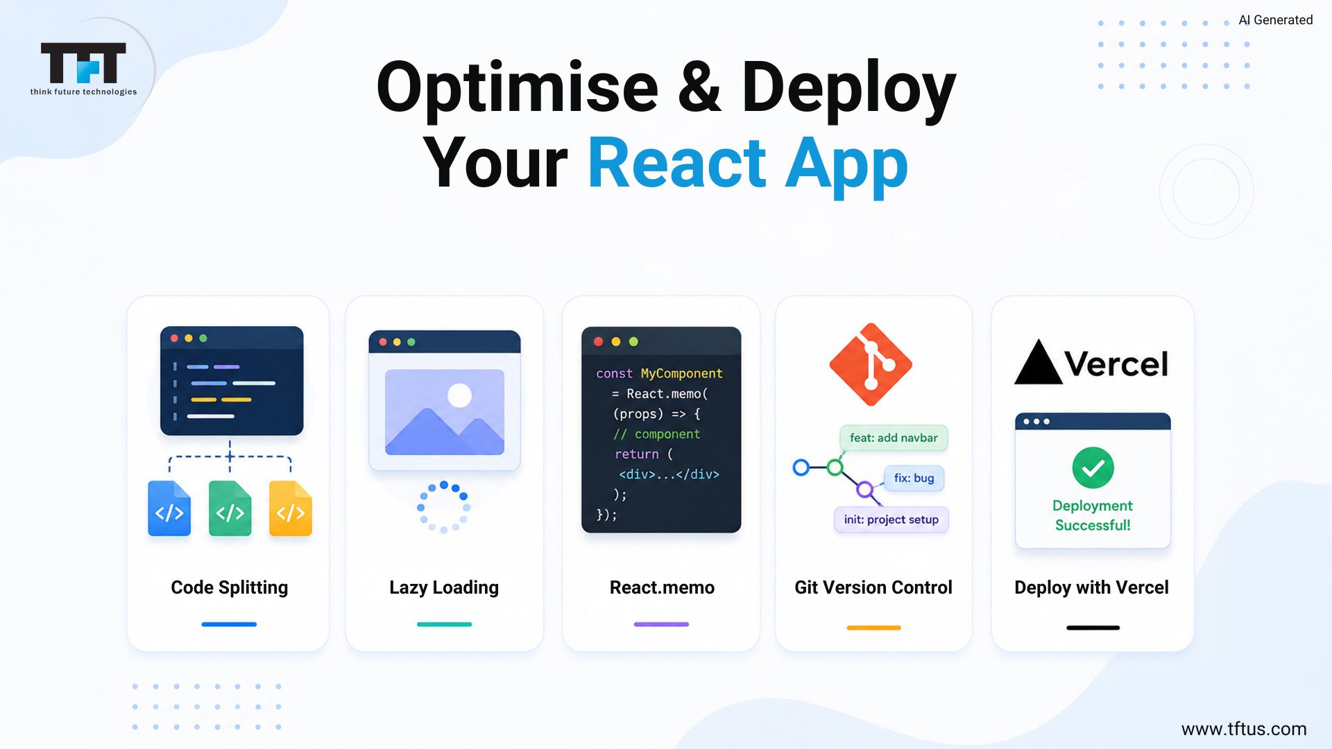 How to Build a Website Using ReactJS: Step-by-Step Beginner Guide 8 ReactJS application optimization and deployment techniques including code splitting, lazy loading, React.memo, Git version control, and Vercel deployment