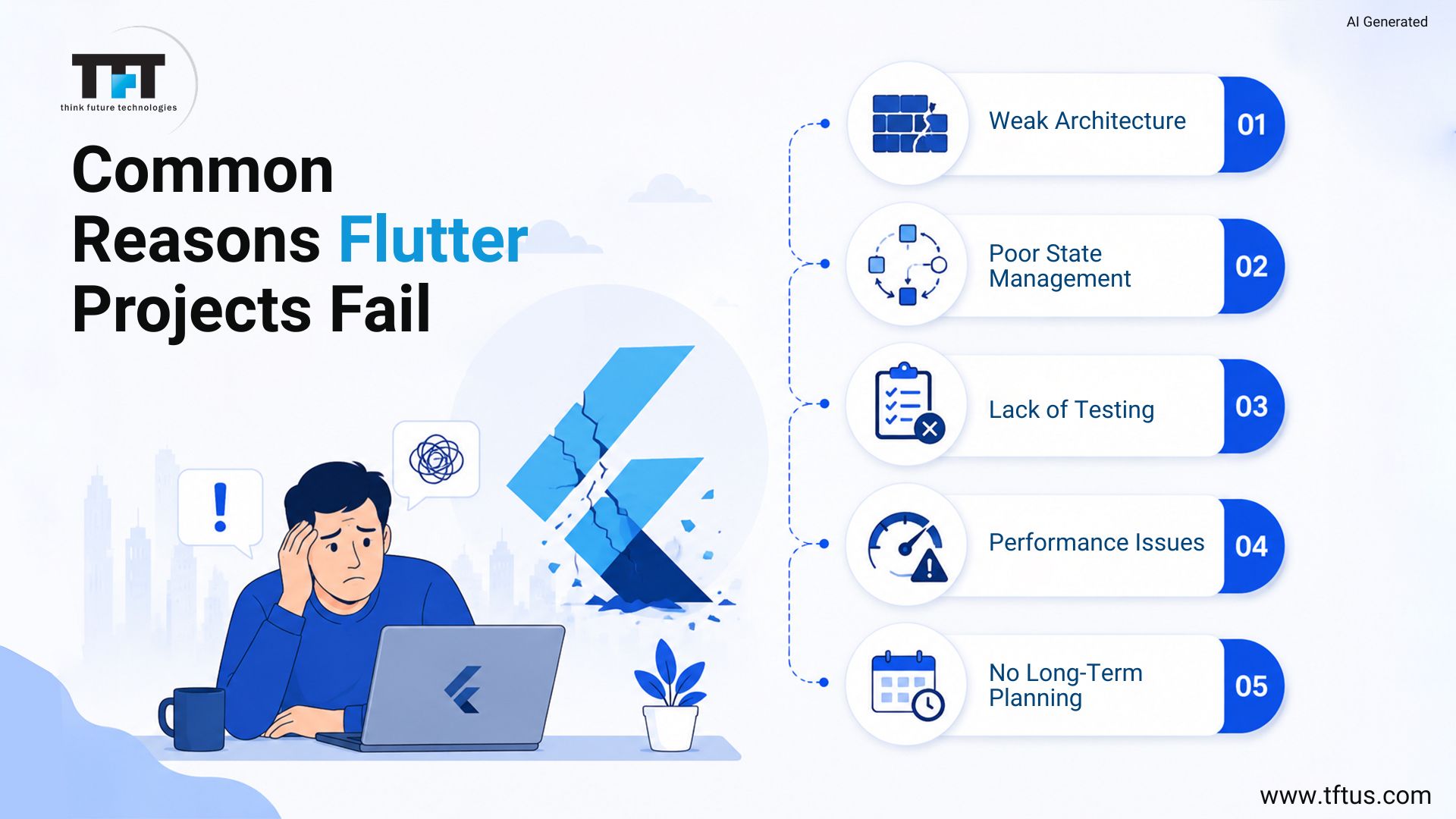 Best Flutter Development Companies: Top Agencies for High-Performance Mobile Apps 7 illustrating common reasons Flutter projects fail, including weak architecture, poor state management, lack of testing, performance issues, and insufficient long-term planning, alongside a developer facing a broken Flutter application.