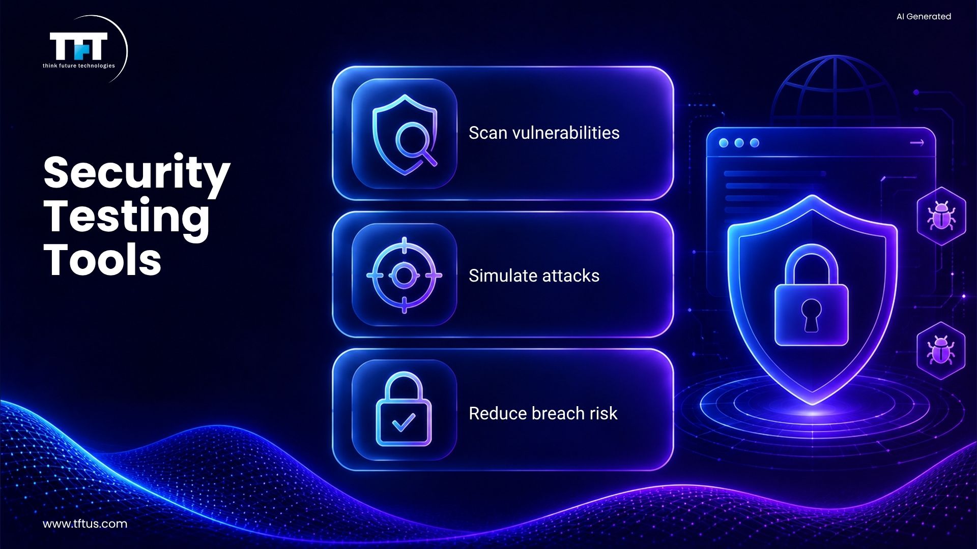 How Many Software Testing Tools Are Available? Complete List & Overview 10 Illustration showing security testing tools used for vulnerability scanning, attack simulation, penetration testing, and application security validation.